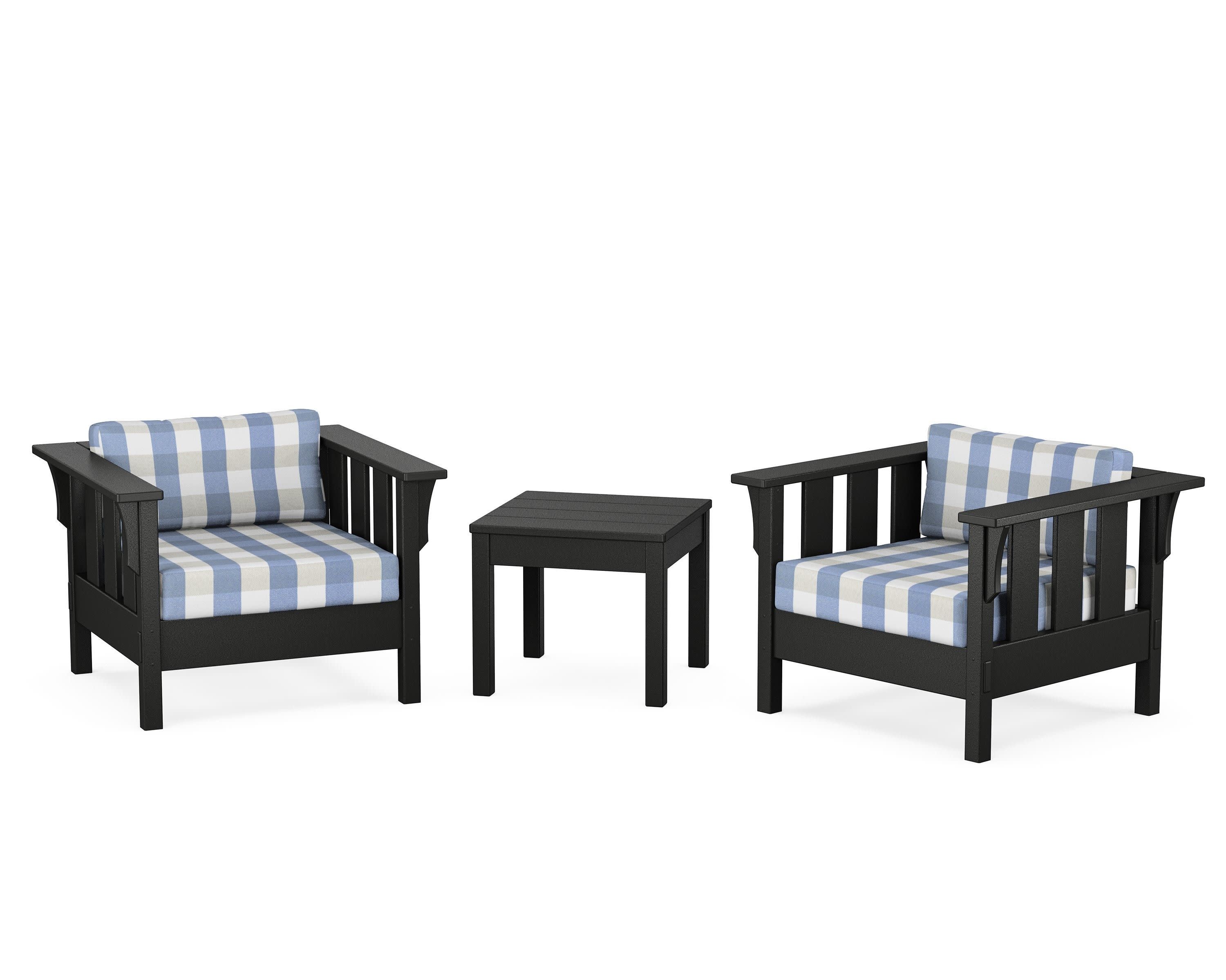 Acadia 3-Piece Deep Seating Set in Black / Buffalo Plaid Sky Blue