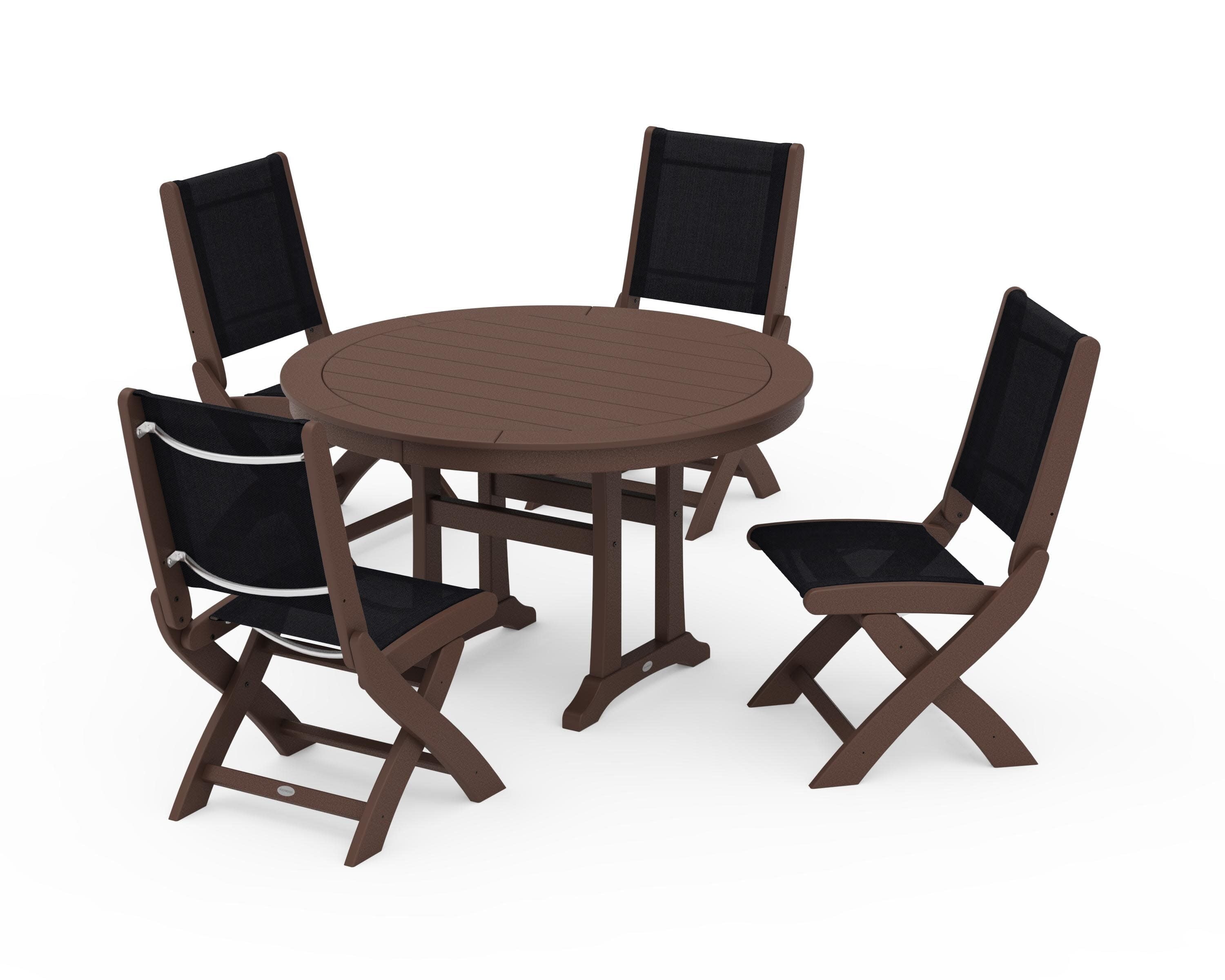 Coastal Folding Side Chair 5-Piece Round Dining Set With Trestle Legs in Mahogany / Black Sling