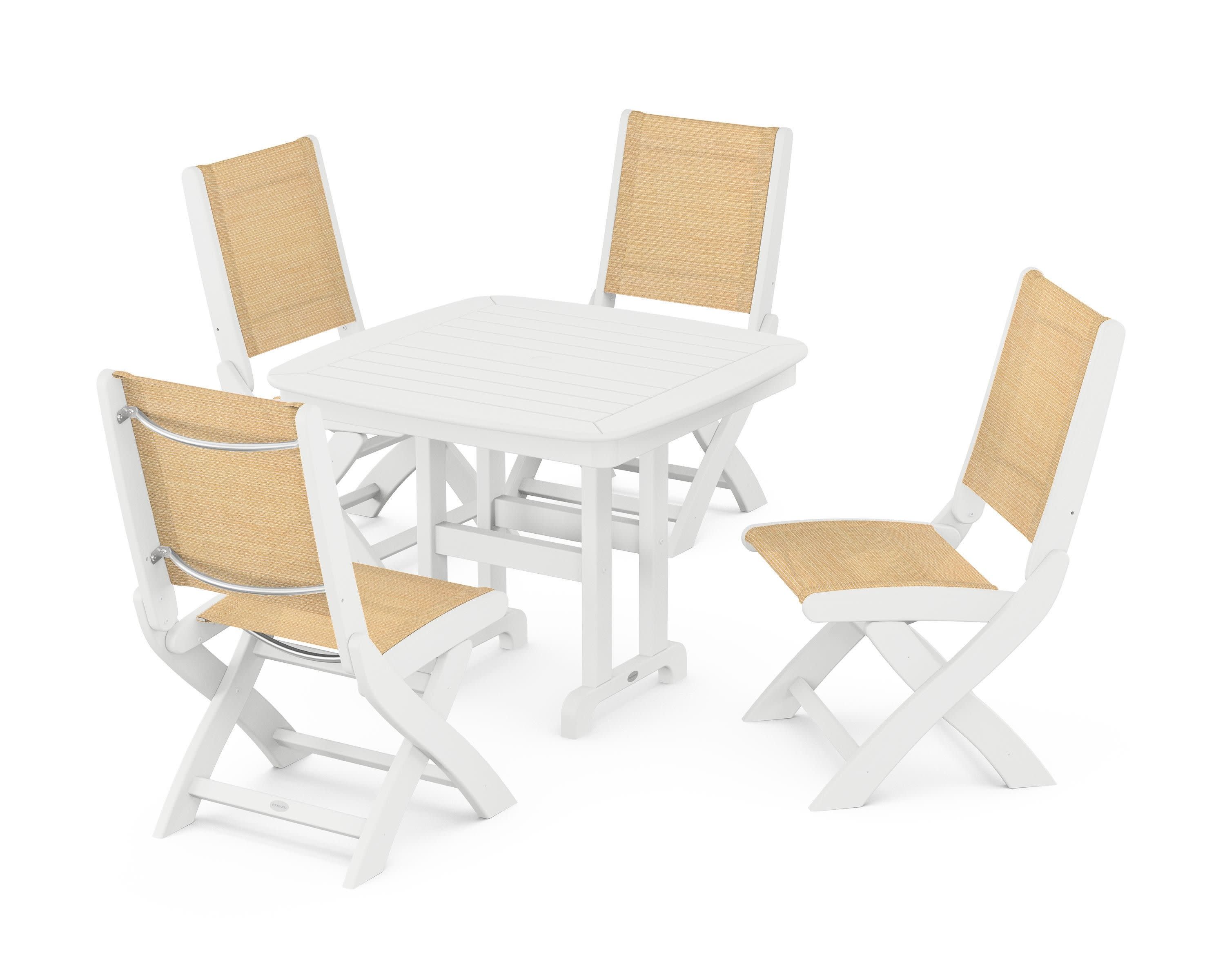 Coastal Folding Side Chair 5-Piece Dining Set in White / Dupioni Apricot Sling