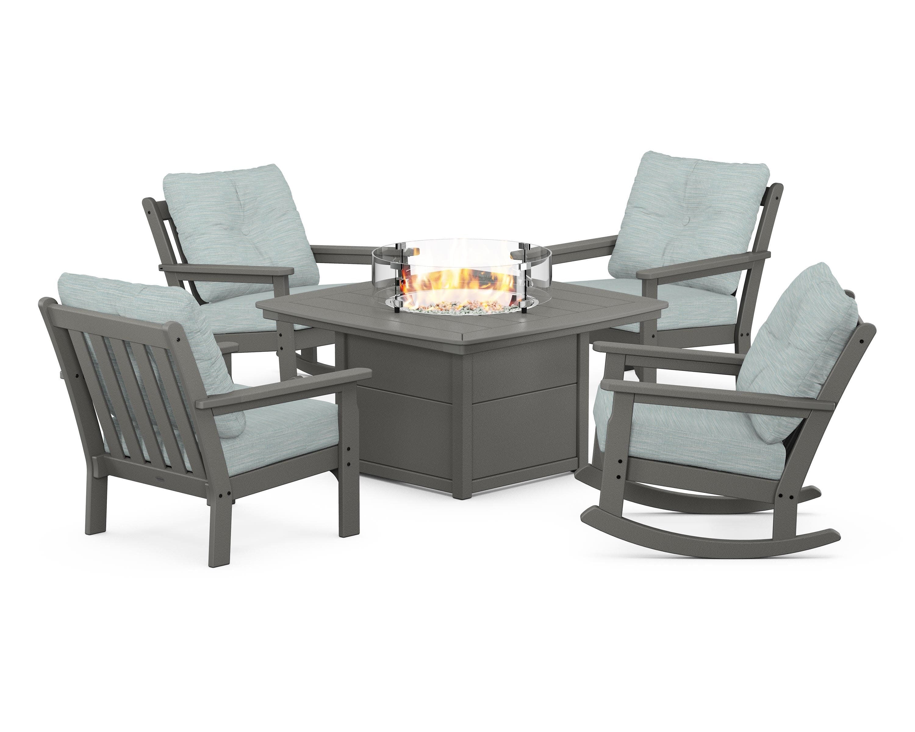 Vineyard 5-Piece Deep Seating Rocking Chair Conversation Set with Fire Pit Table in Slate Grey / Soothe Mist