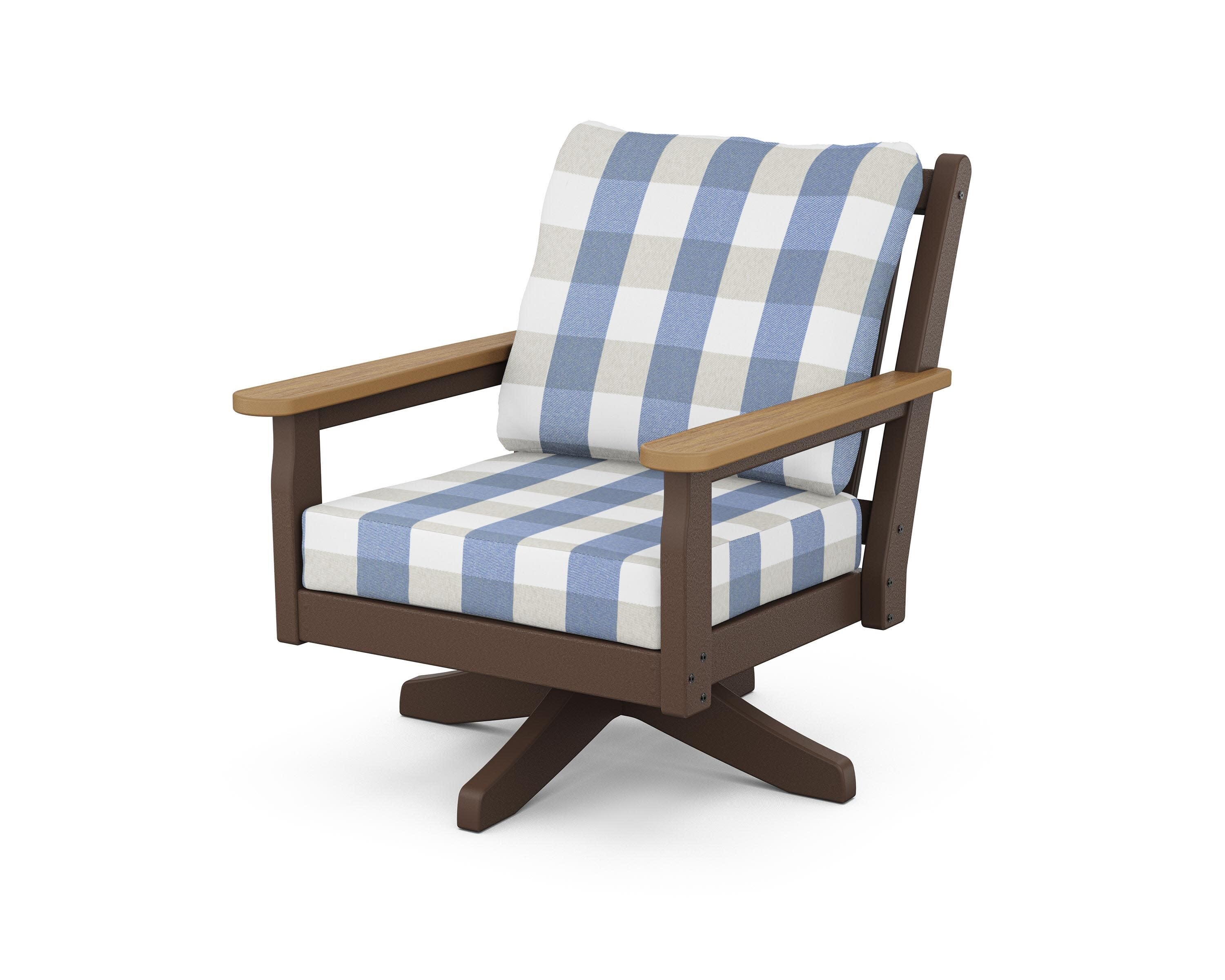 Chippendale Deep Seating Swivel Chair in Mahogany / Natural / Buffalo Plaid Sky Blue