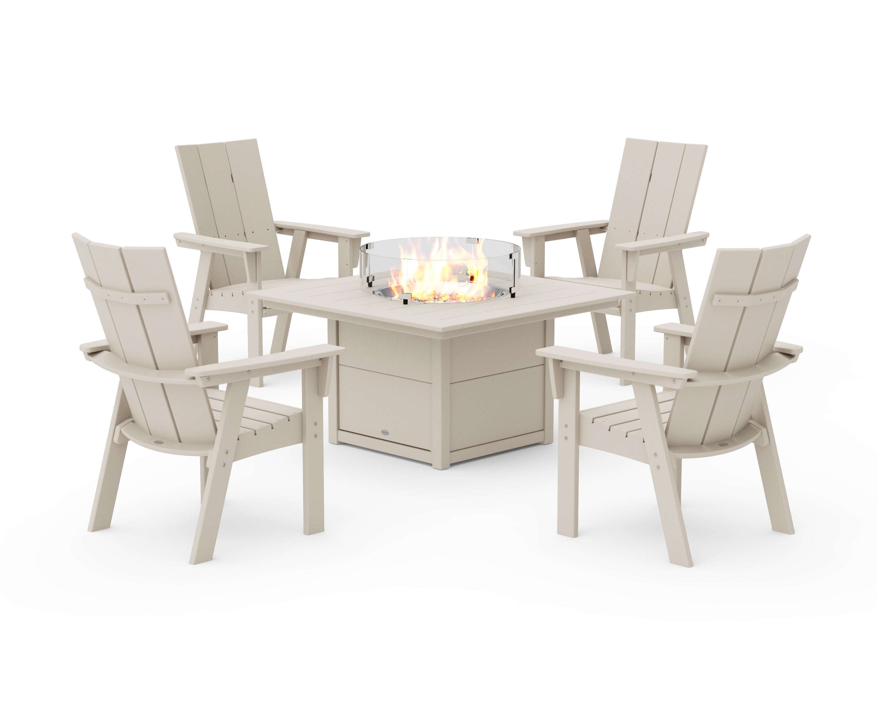 Modern 4-Piece Curveback Upright Adirondack Conversation Set with Fire Pit Table in Sand