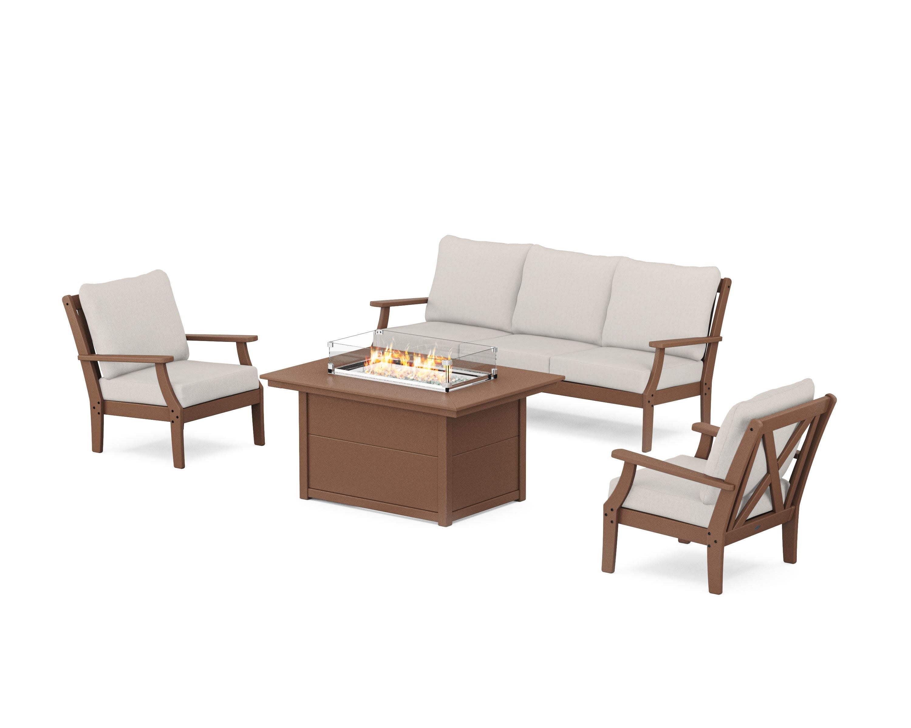 Braxton Deep Seating Fire Pit Table Set in Teak / Cast Ash