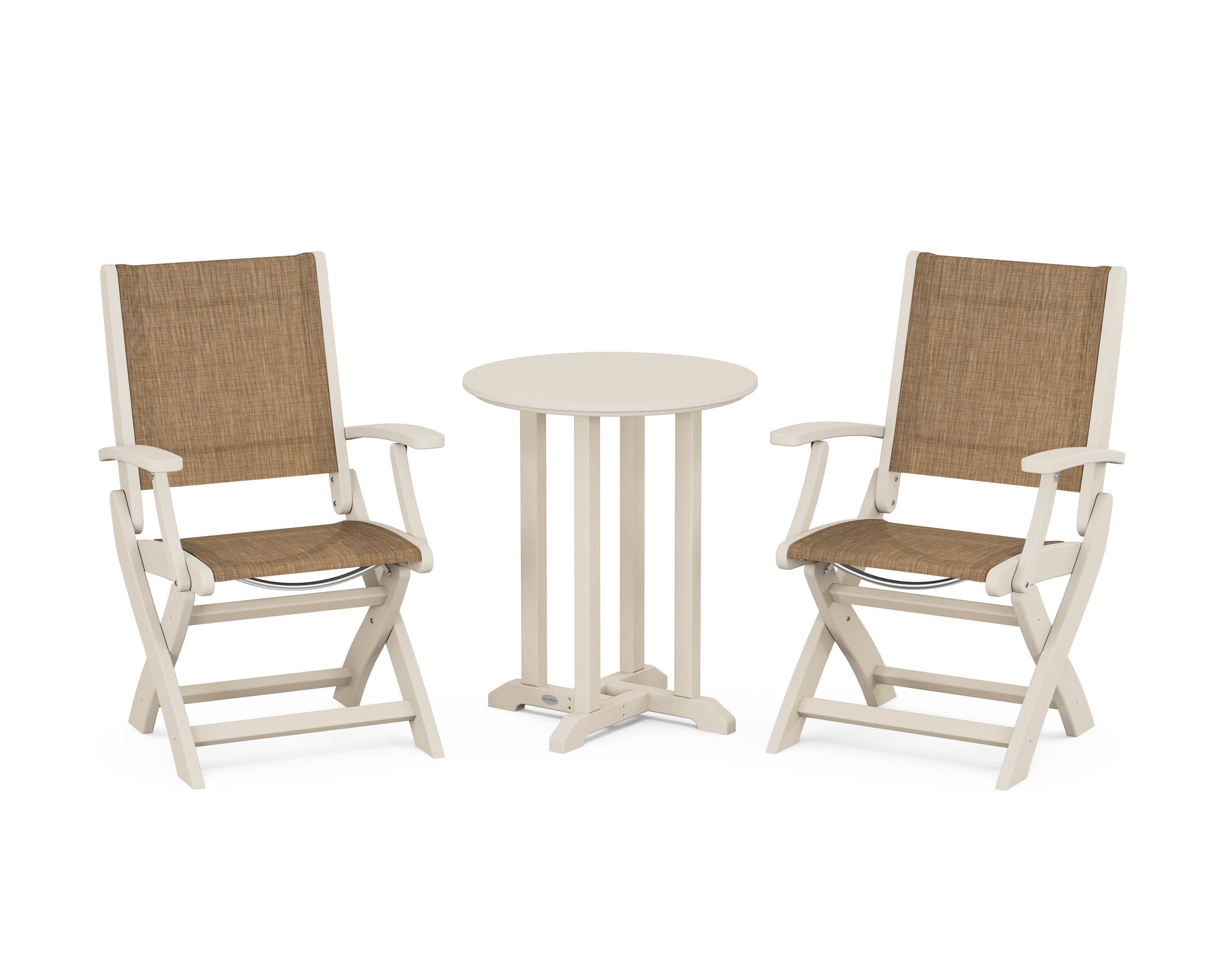 Coastal Folding 3-Piece Round Bistro Dining Set in Sand / Burlap Sling