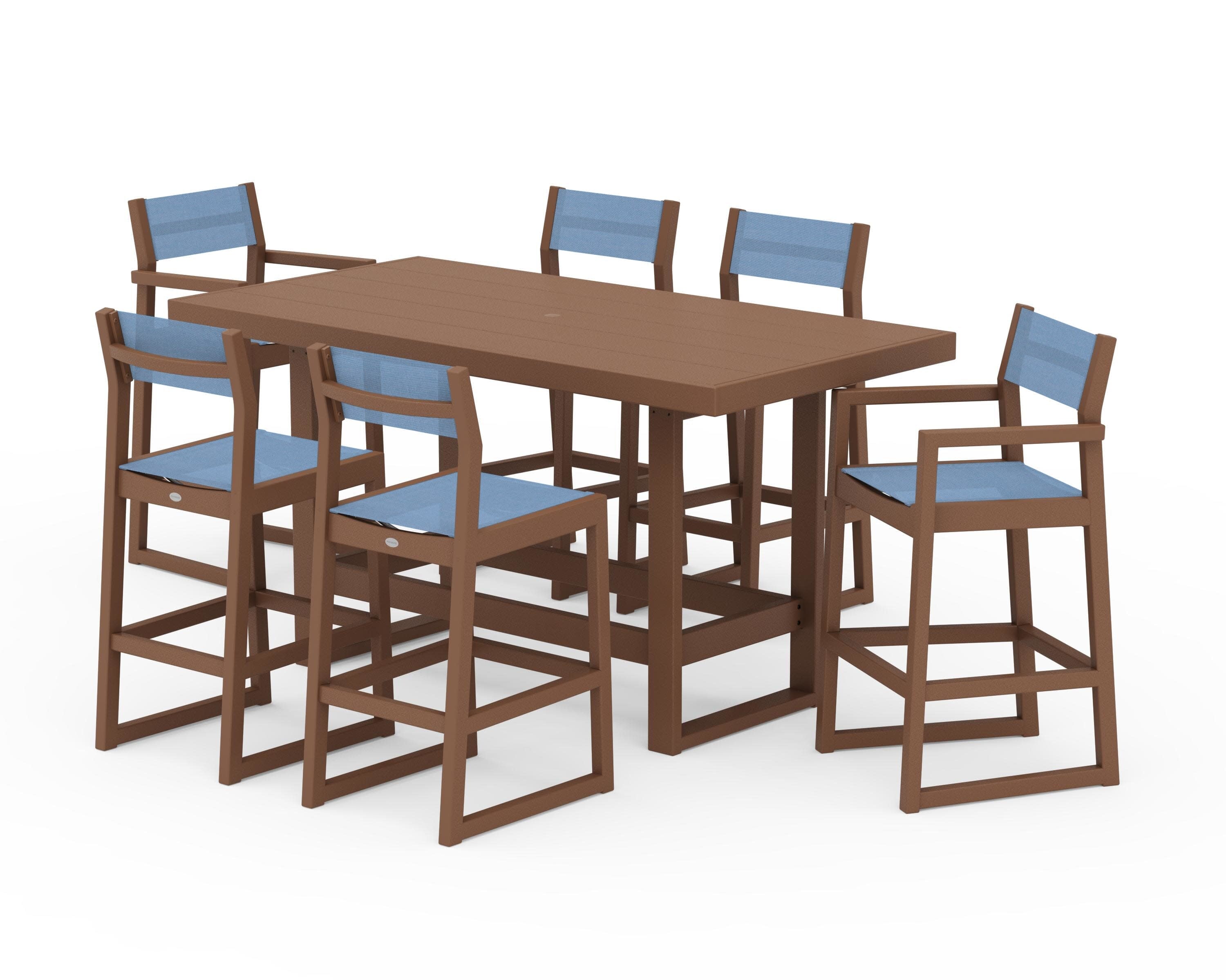 EDGE Sling 7-Piece Bar Table Set in Teak / Poolside Sling