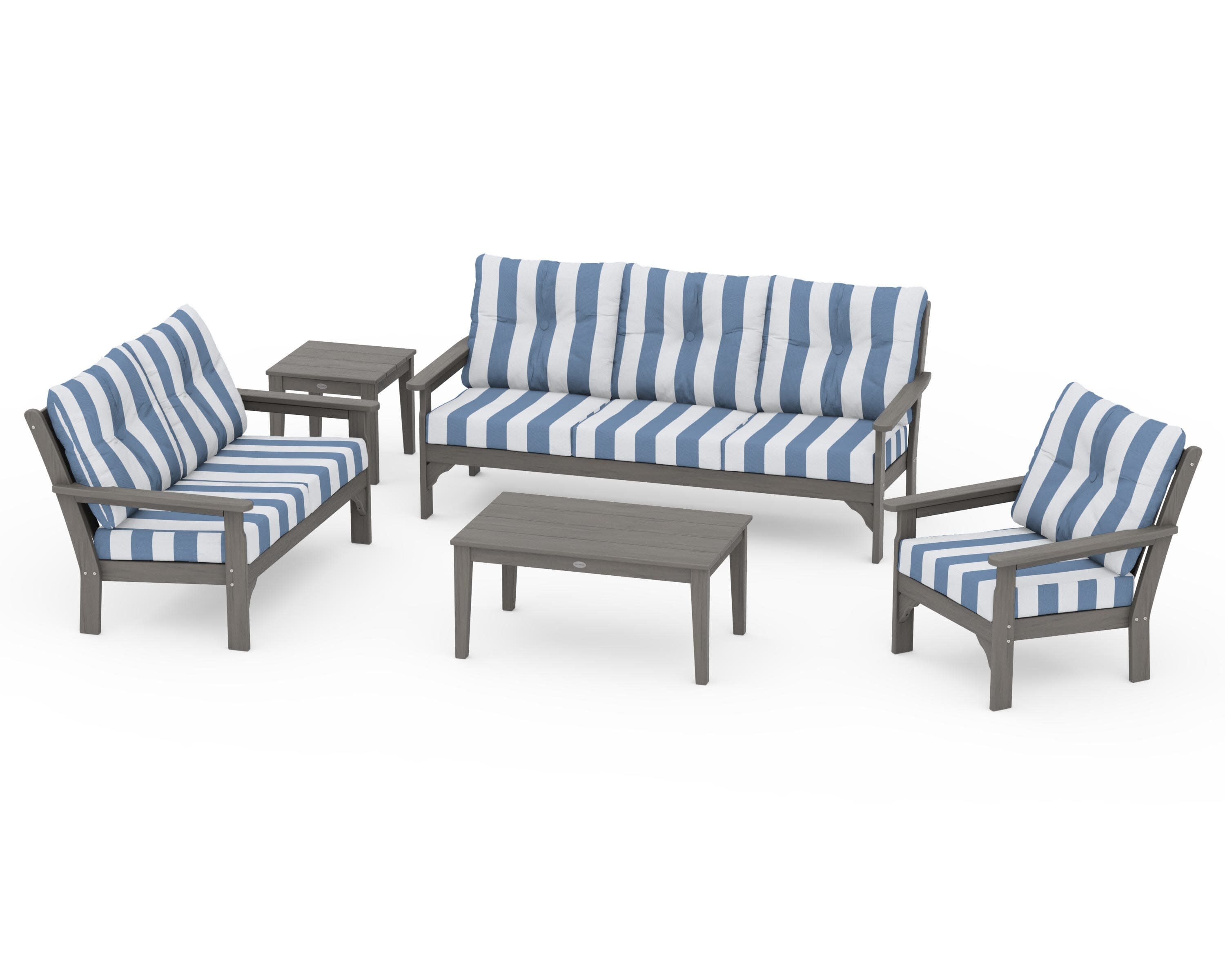 Vineyard 5 Piece Deep Seating Set in Driftwood / Cabana Stripe Sky Blue