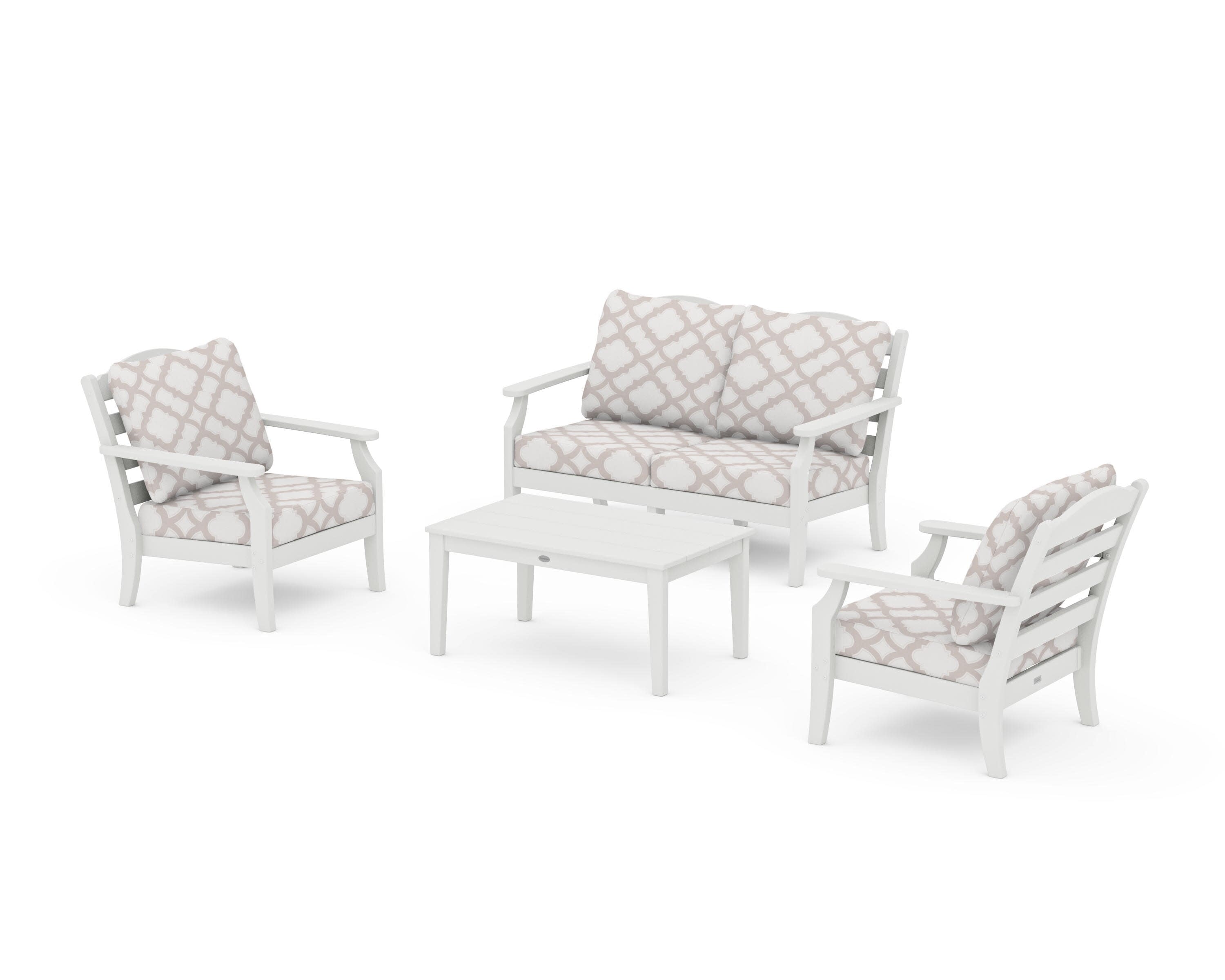 Savannah 4-Piece Deep Seating Set with Loveseat in Vintage White / Trellis Dune Burlap