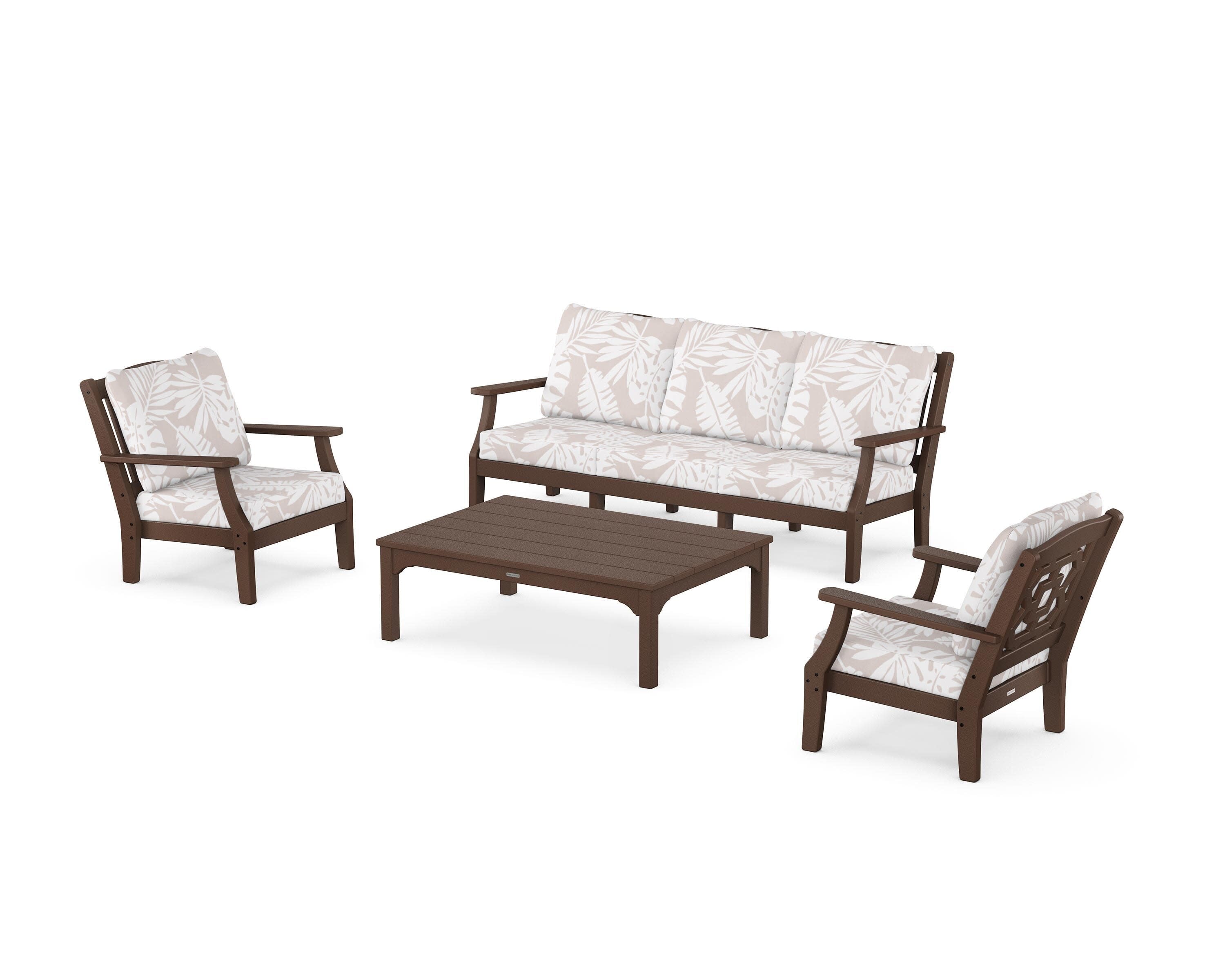 Chinoiserie 4-Piece Deep Seating Set with Sofa in Mahogany / Leaf Dune Burlap