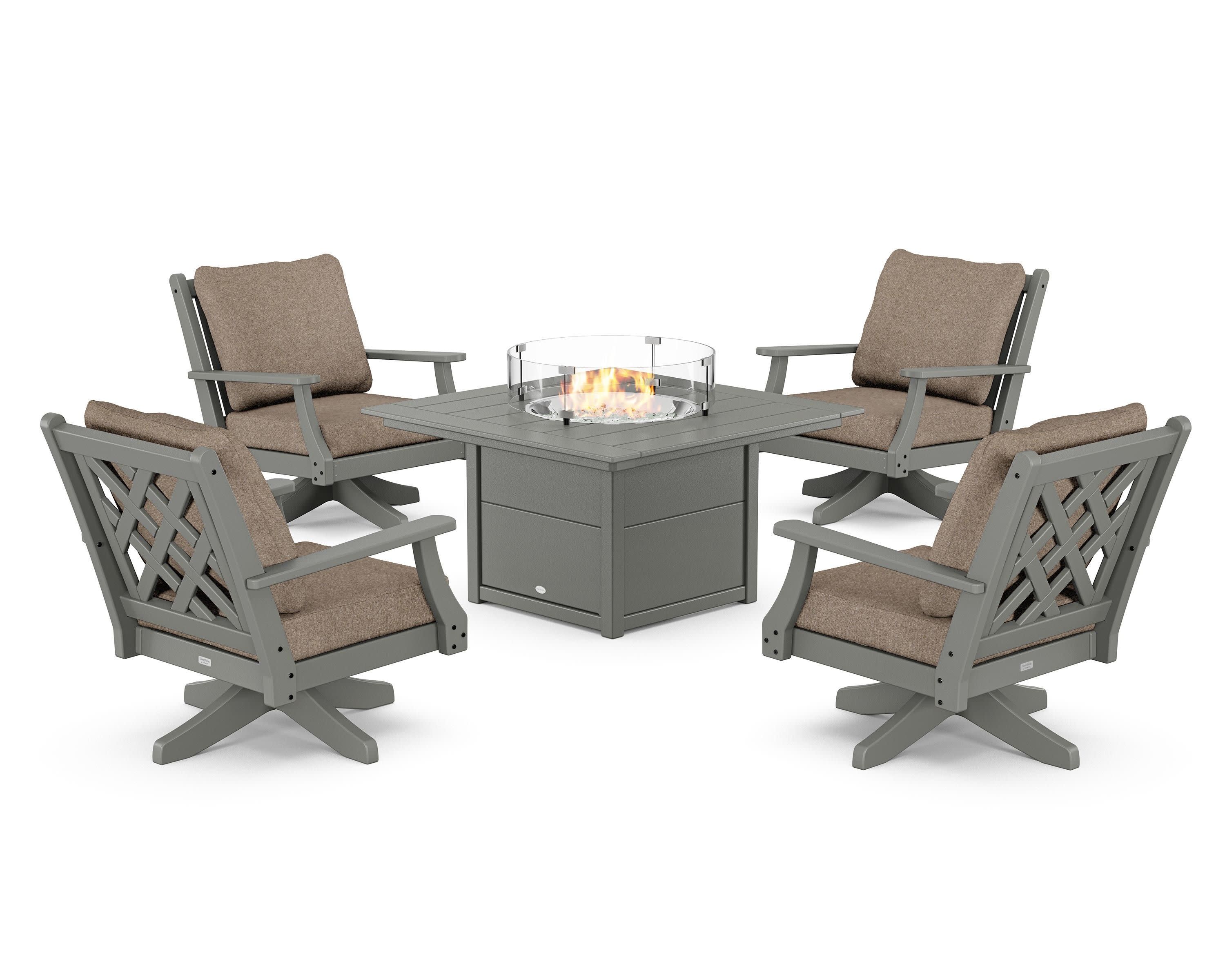 Wovendale 5-Piece Deep Seating Swivel Conversation Set with Fire Pit Table in Slate Grey / Spiced Burlap