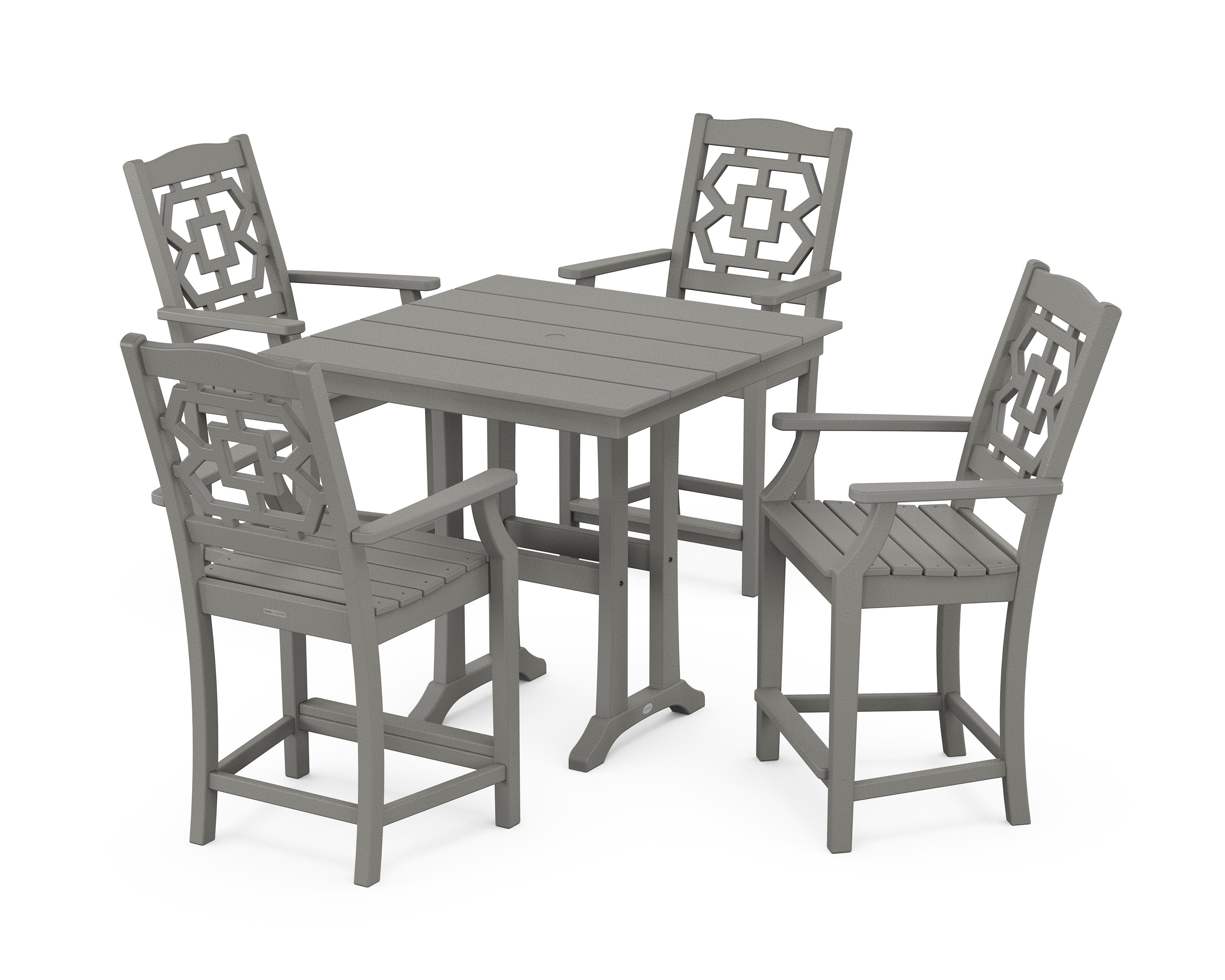 Chinoiserie 5-Piece Farmhouse Counter Set with Trestle Legs in Slate Grey
