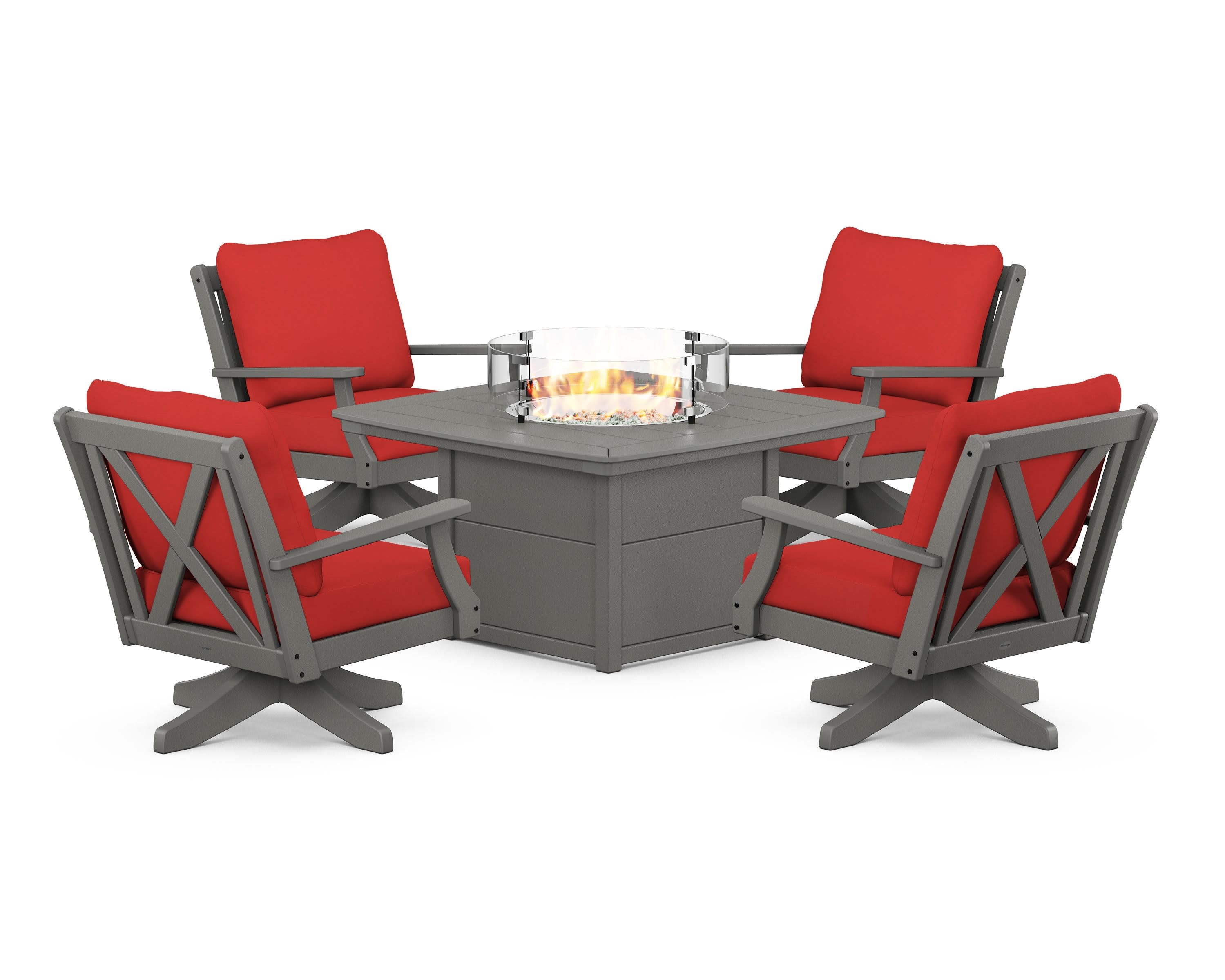 Braxton 5-Piece Deep Seating Swivel Conversation Set with Fire Pit Table in Slate Grey / Crimson Linen