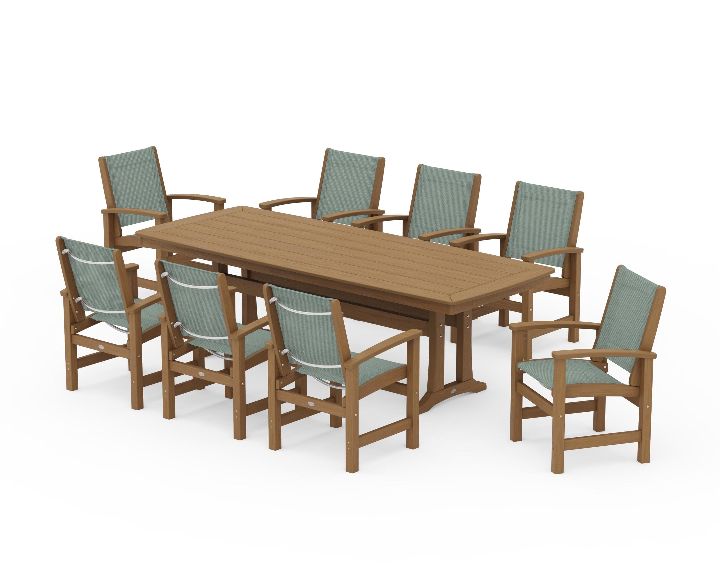 Coastal 9-Piece Dining Set with Trestle Legs in Natural / Dupioni Sea Mist Sling