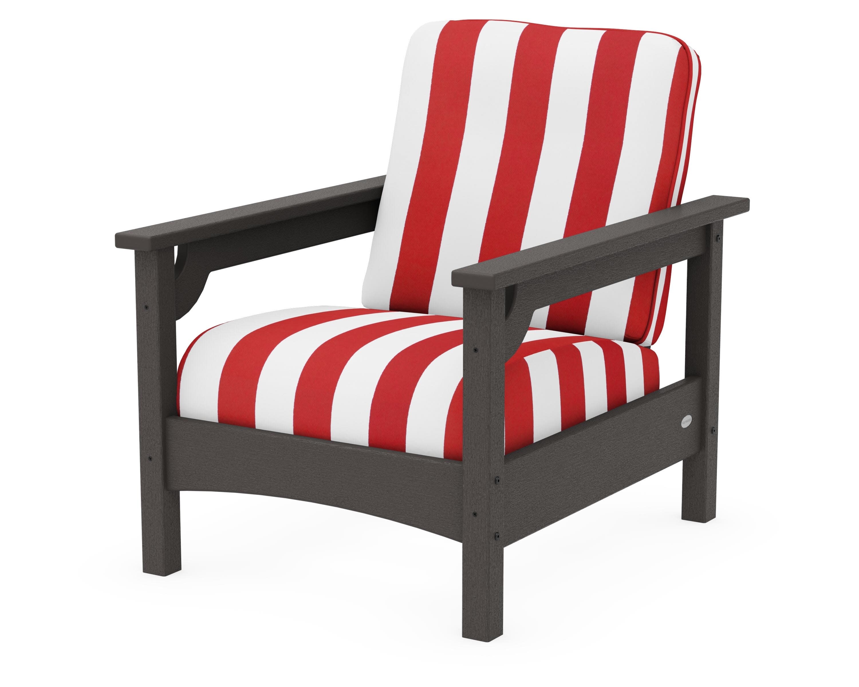 Club Chair in Vintage Coffee / Cabana Stripe Crimson