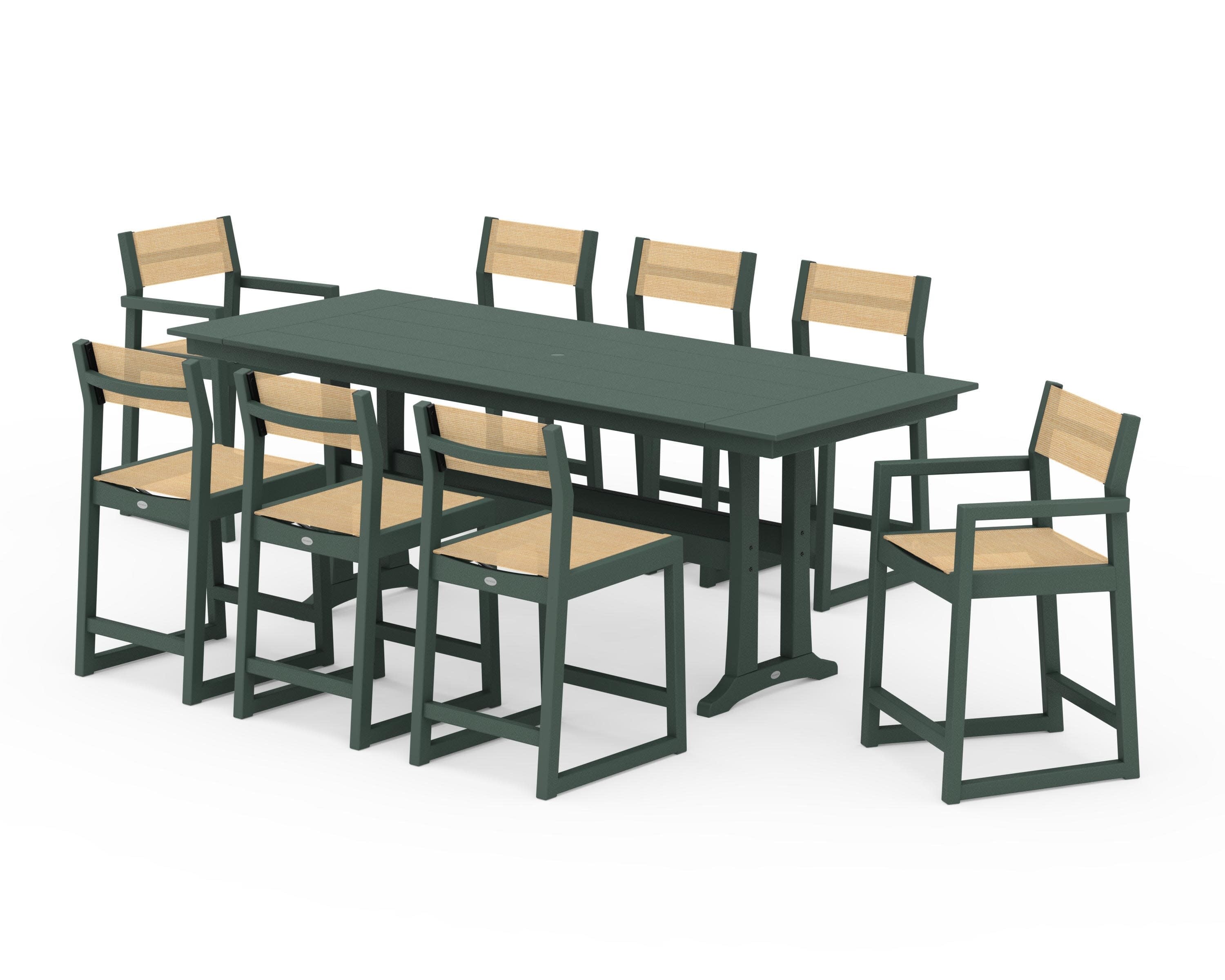 EDGE Sling 9-Piece Farmhouse Counter Set with Trestle Legs in Green / Dupioni Apricot Sling