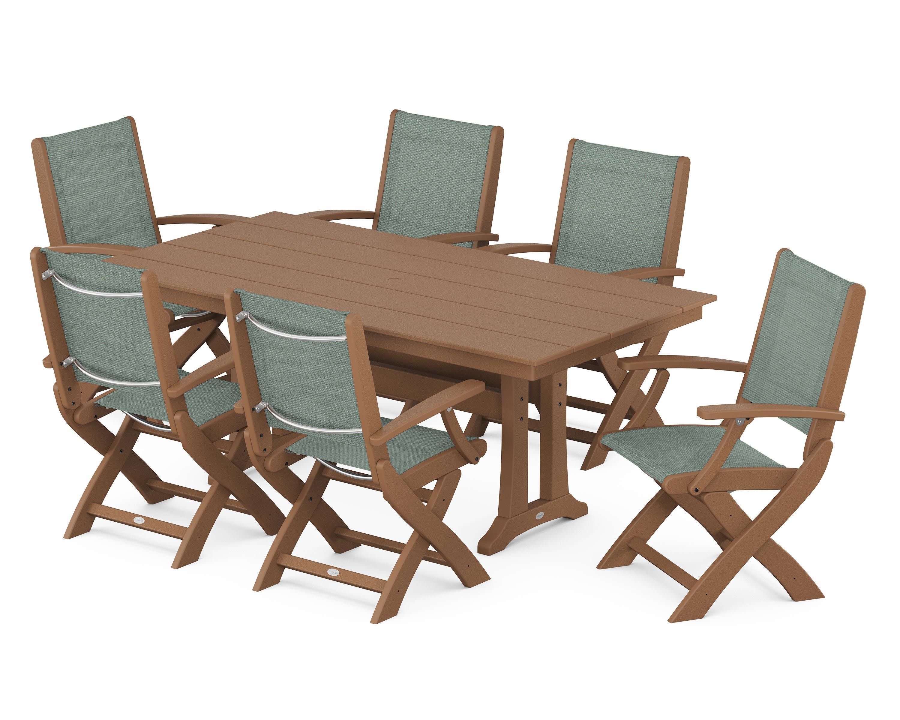 Coastal Folding Arm Chair 7-Piece Farmhouse Dining Set with Trestle Legs in Teak / Dupioni Sea Mist Sling