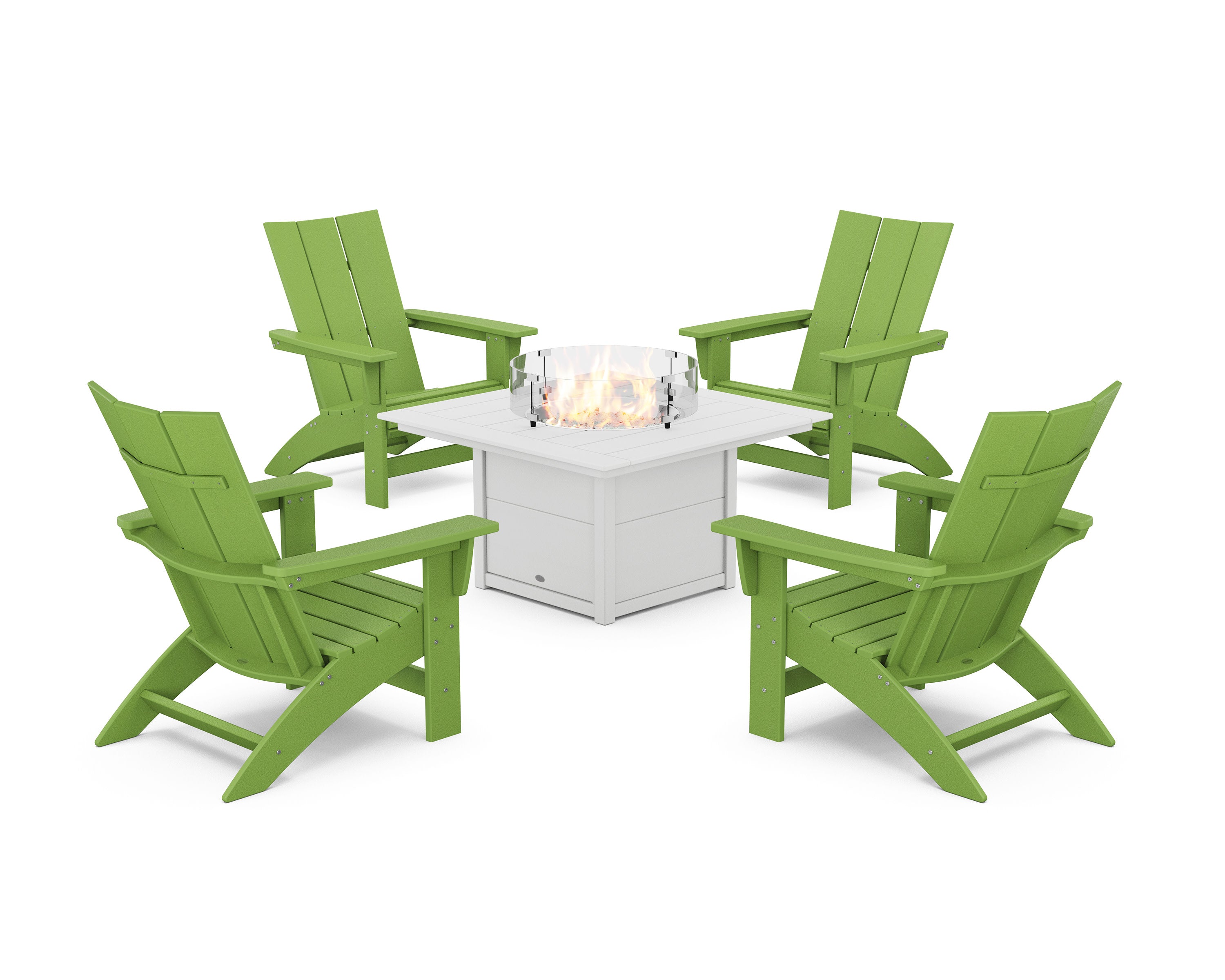 5-Piece Modern Grand Adirondack Conversation Set with Fire Pit Table in Lime / White