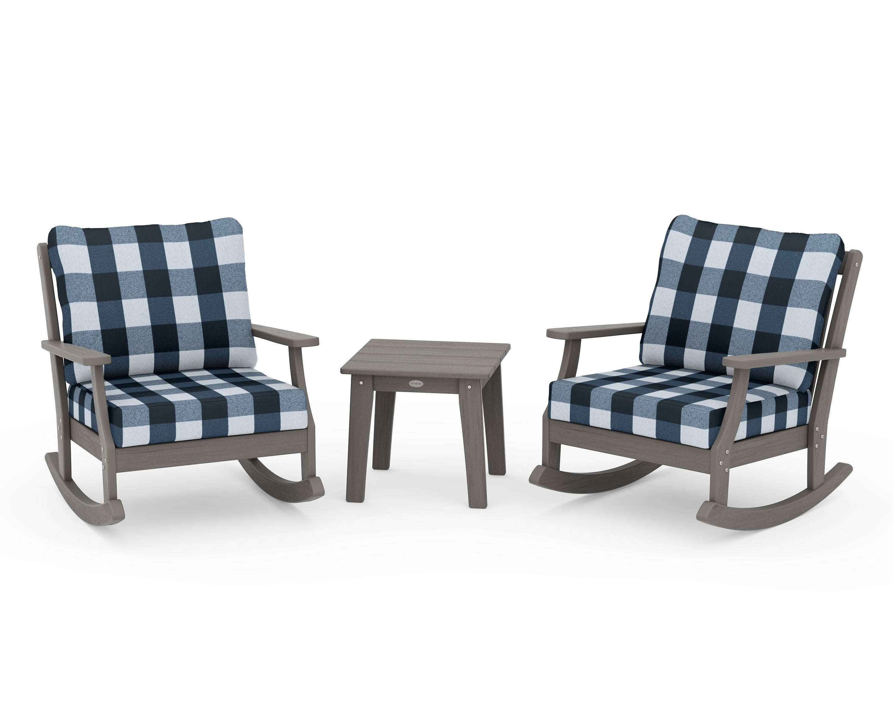 Braxton 3-Piece Deep Seating Rocker Set in Driftwood / Buffalo Plaid Marine Indigo