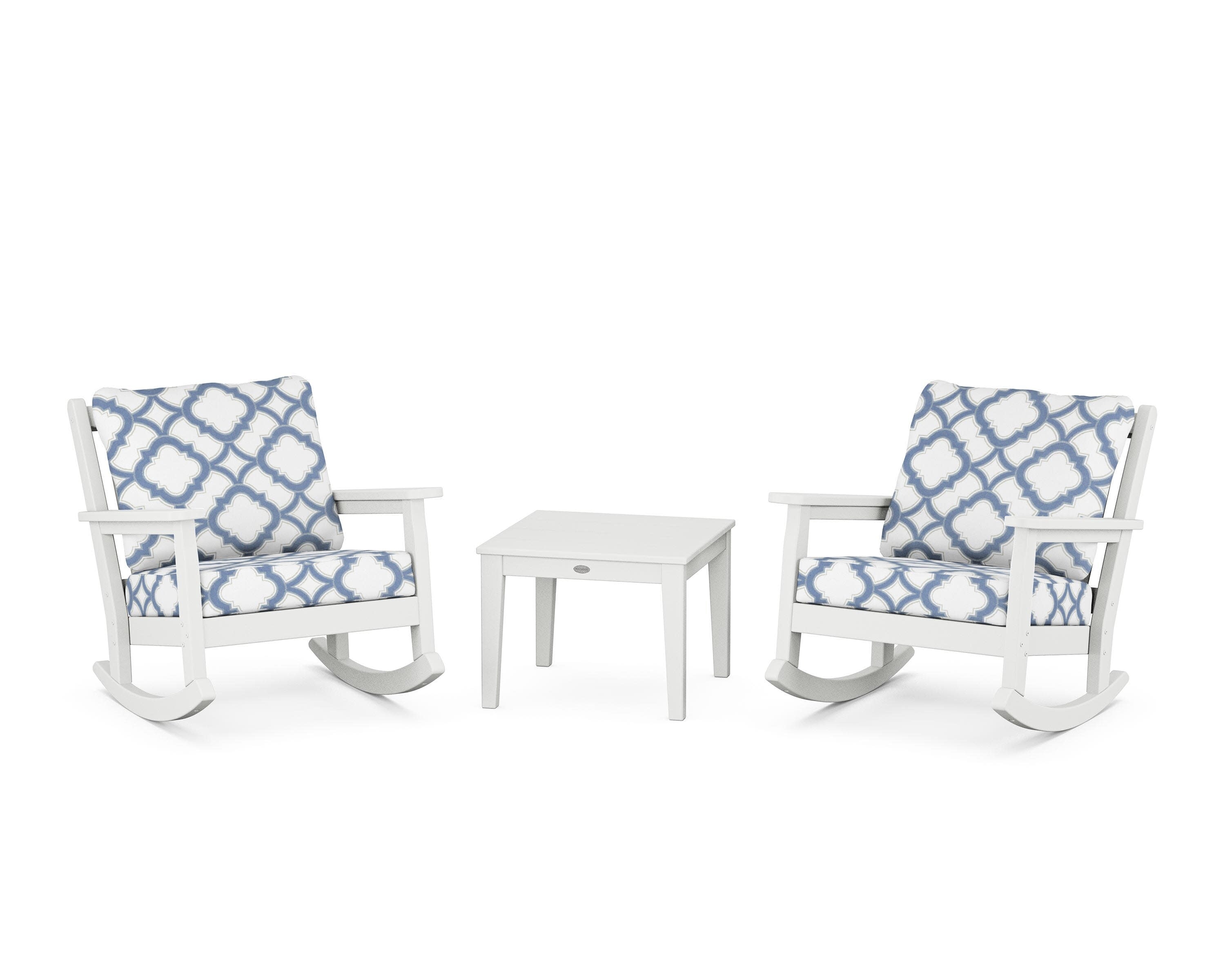 Chippendale 3-Piece Deep Seating Rocker Set in White / Trellis Sky Blue