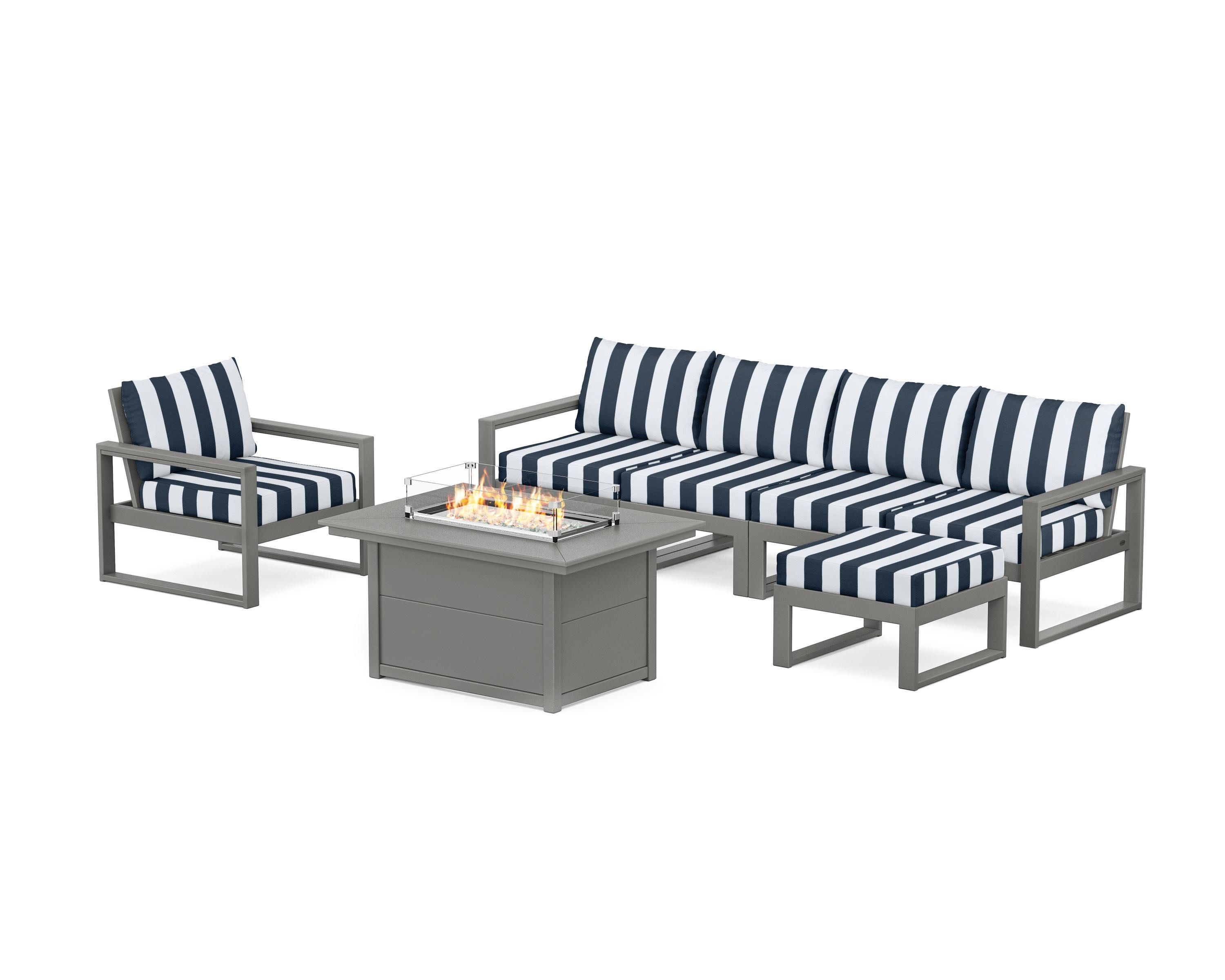 EDGE Sectional Lounge and Fire Pit Set in Slate Grey / Cabana Stripe Marine Indigo