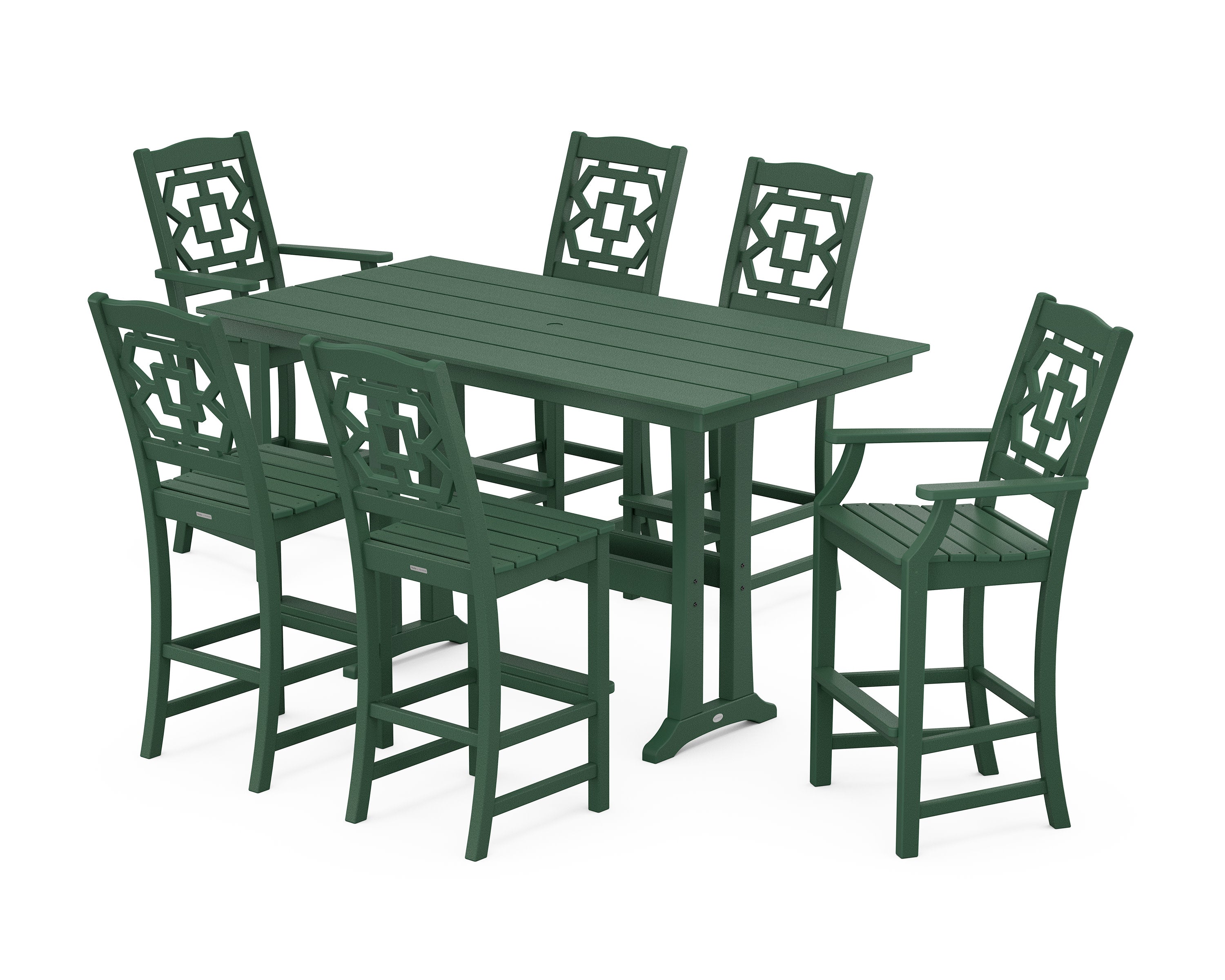 Chinoiserie 7-Piece Farmhouse Bar Set with Trestle Legs in Green