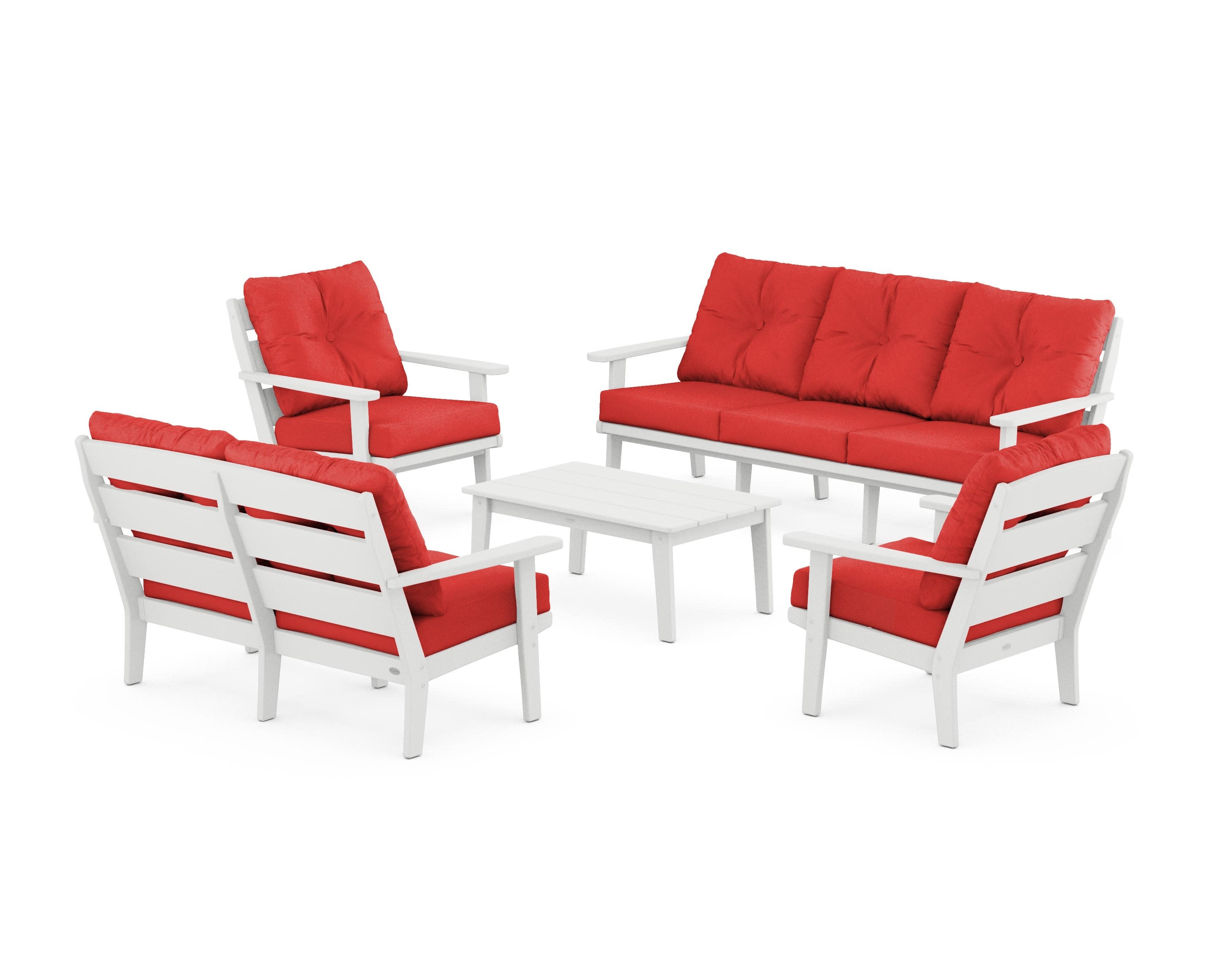 Lakeside 5-Piece Lounge Sofa Set in White / Crimson Linen