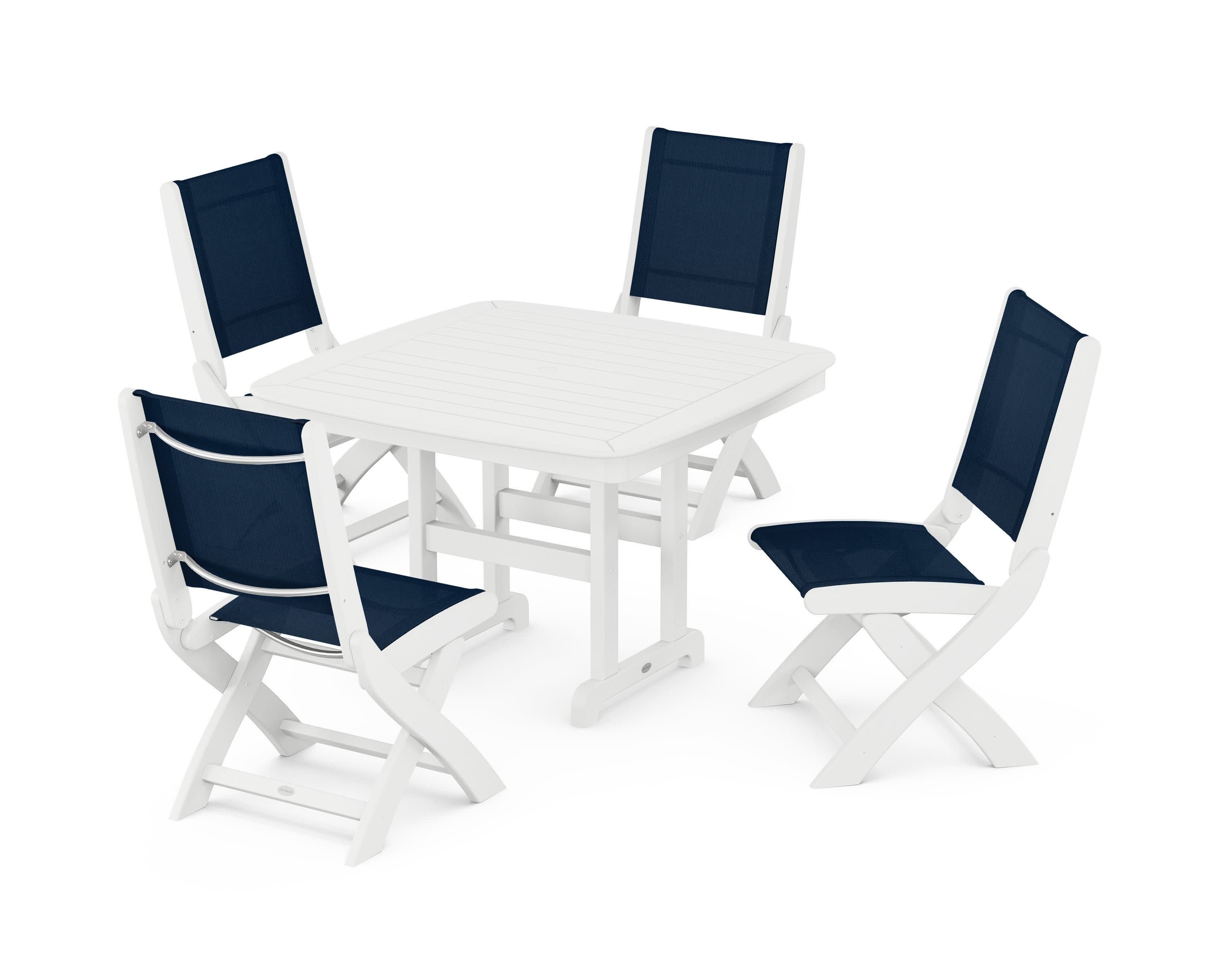 Coastal Folding Side Chair 5-Piece Dining Set in White / Navy Blue Sling