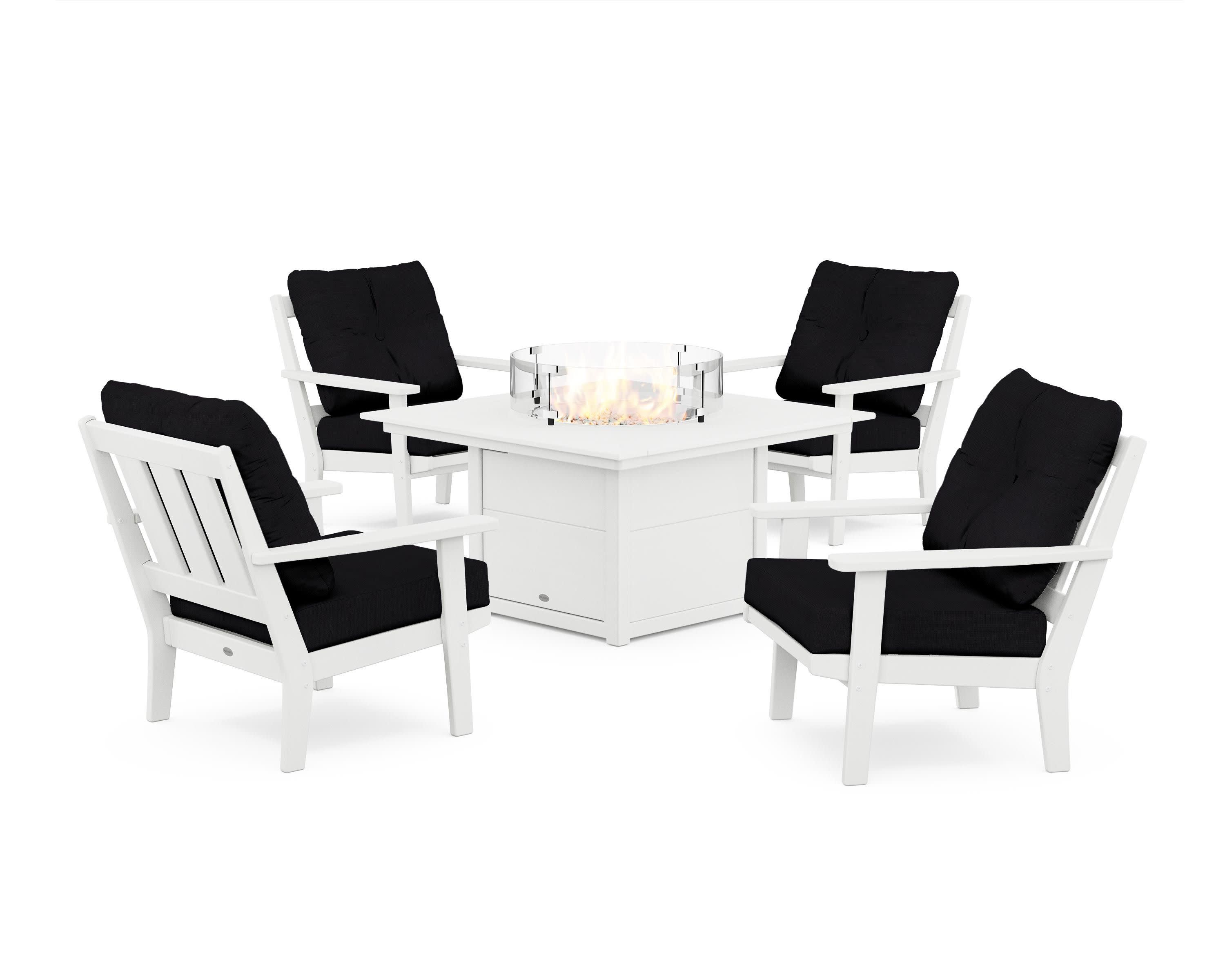 Oxford 5-Piece Deep Seating Set with Fire Pit Table in White / Midnight Linen