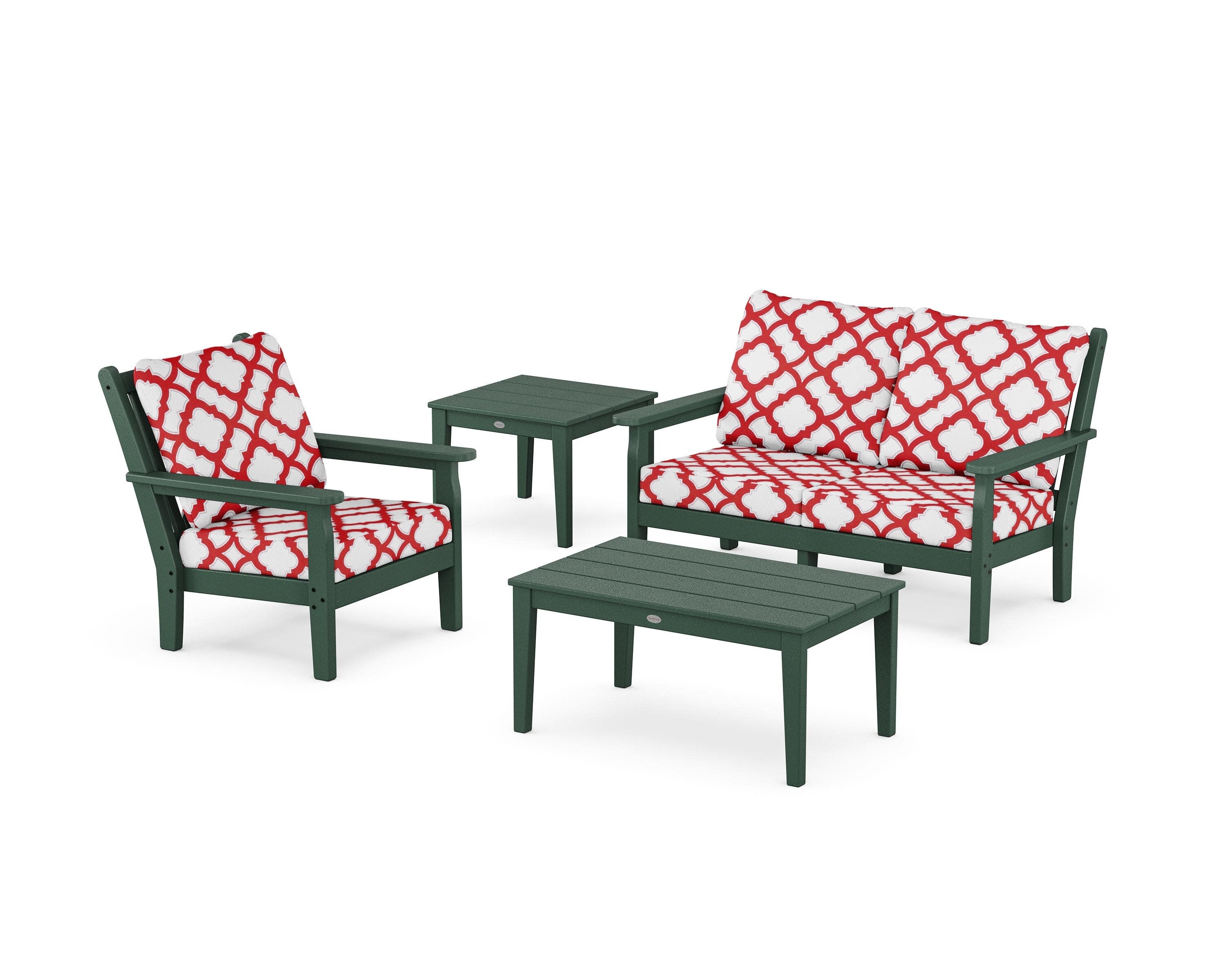 Chippendale 4-Piece Deep Seating Set in Green / Trellis Crimson