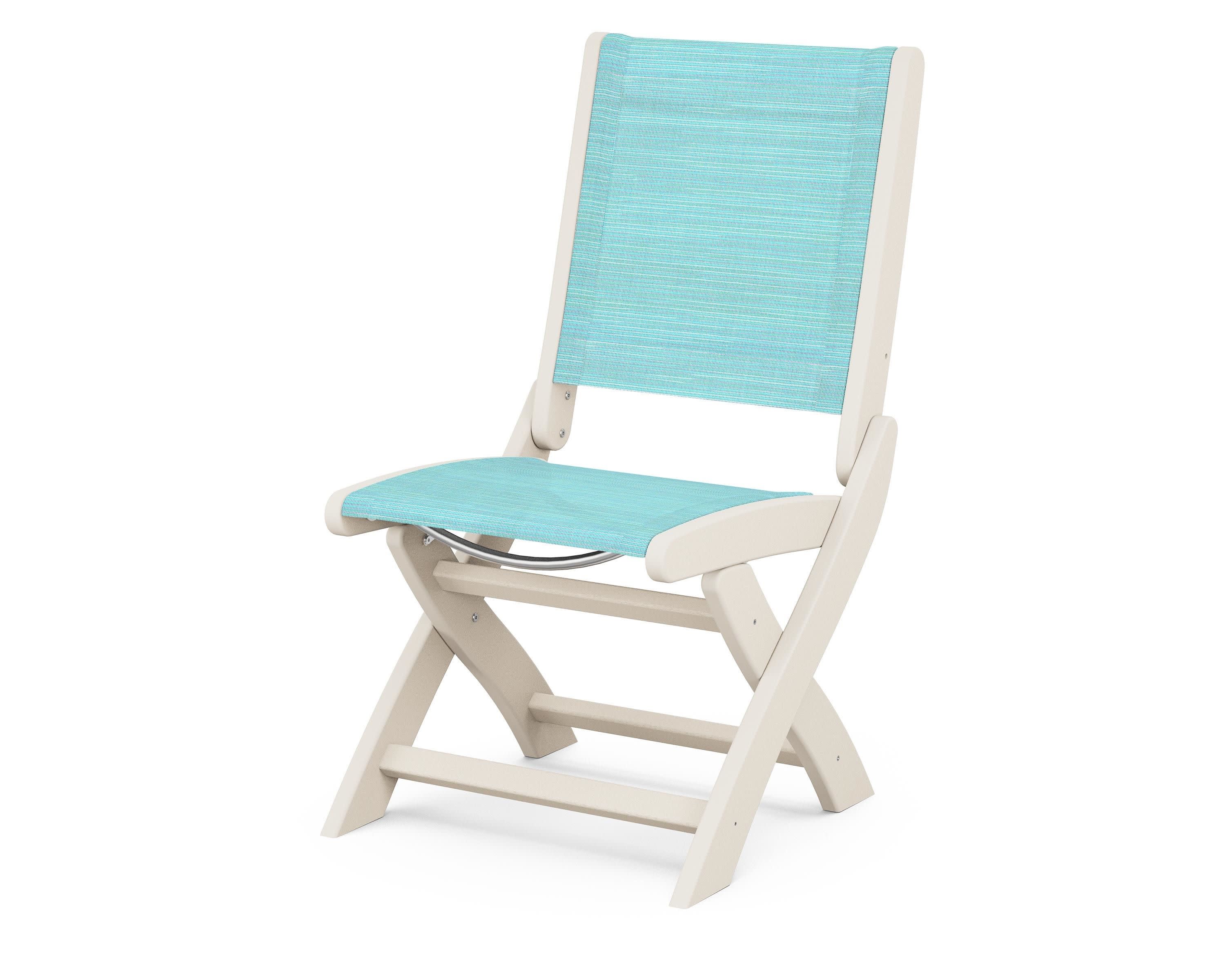 Coastal Folding Side Chair in Sand / Dupioni Aquamarine Sling
