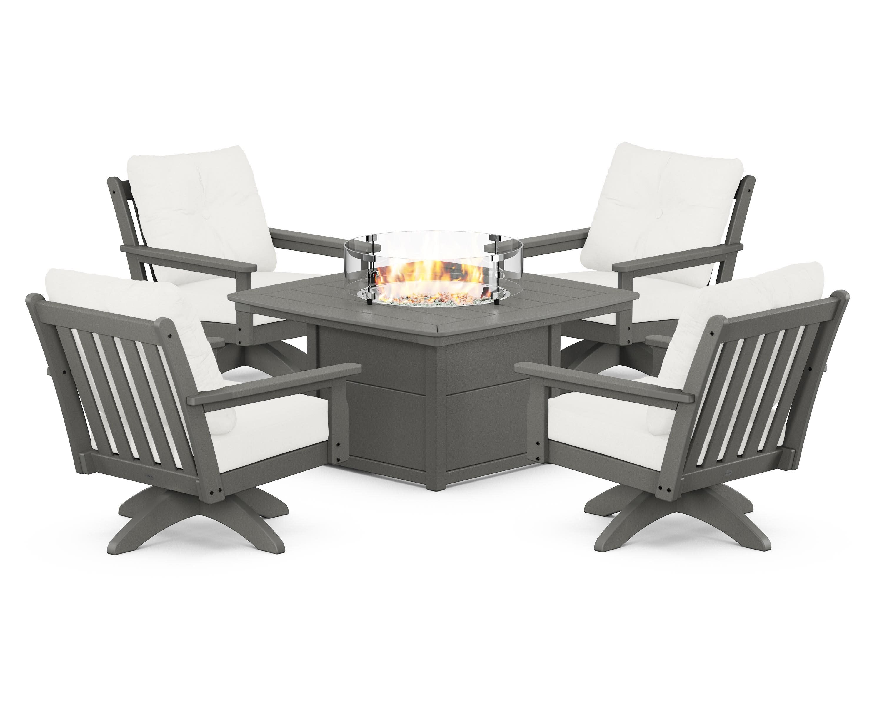 Vineyard 5-Piece Deep Seating Swivel Conversation Set with Fire Pit Table in Slate Grey / Natural Linen
