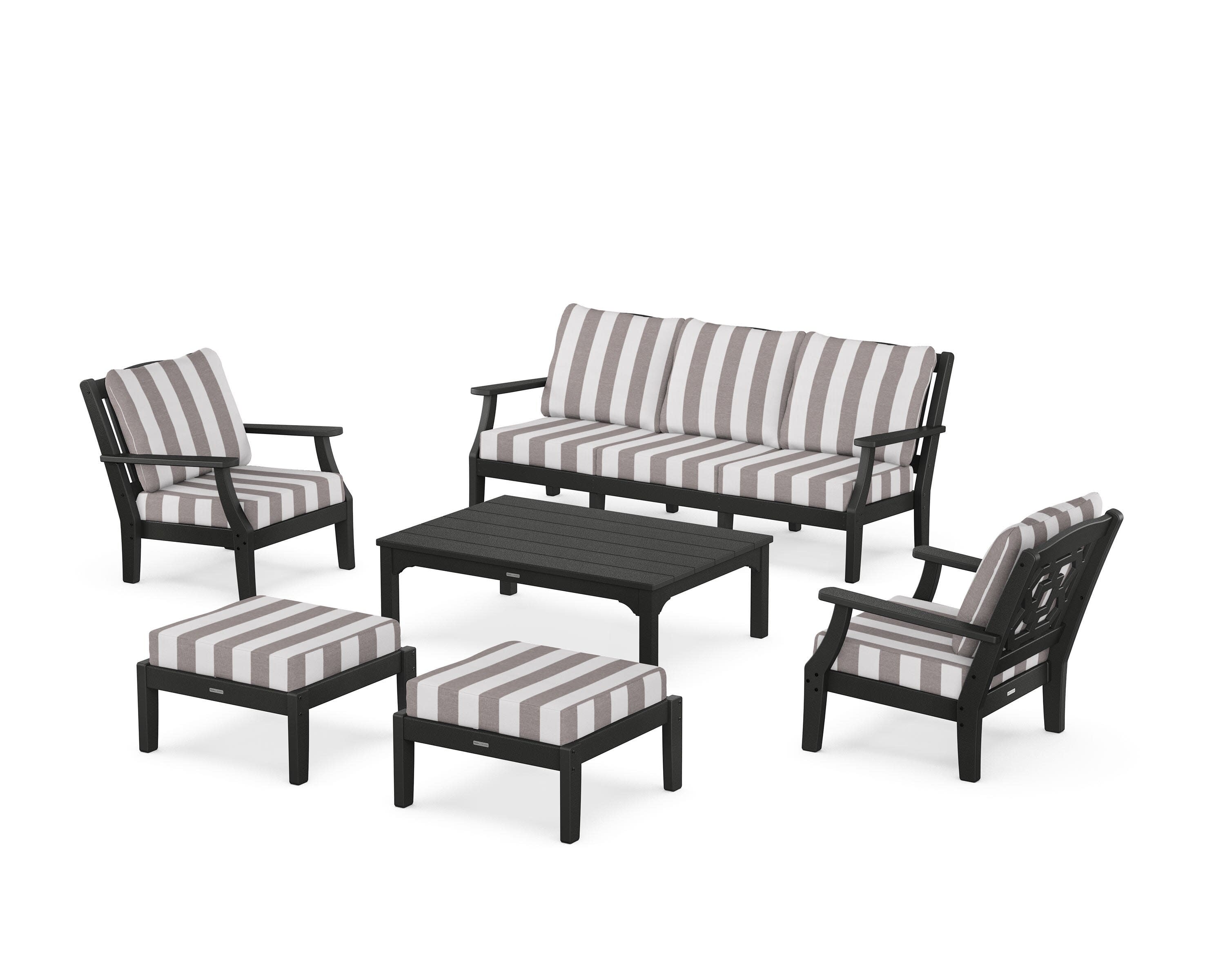 Chinoiserie 6-Piece Lounge Sofa Set in Black / Cabana Stripe Grey Mist