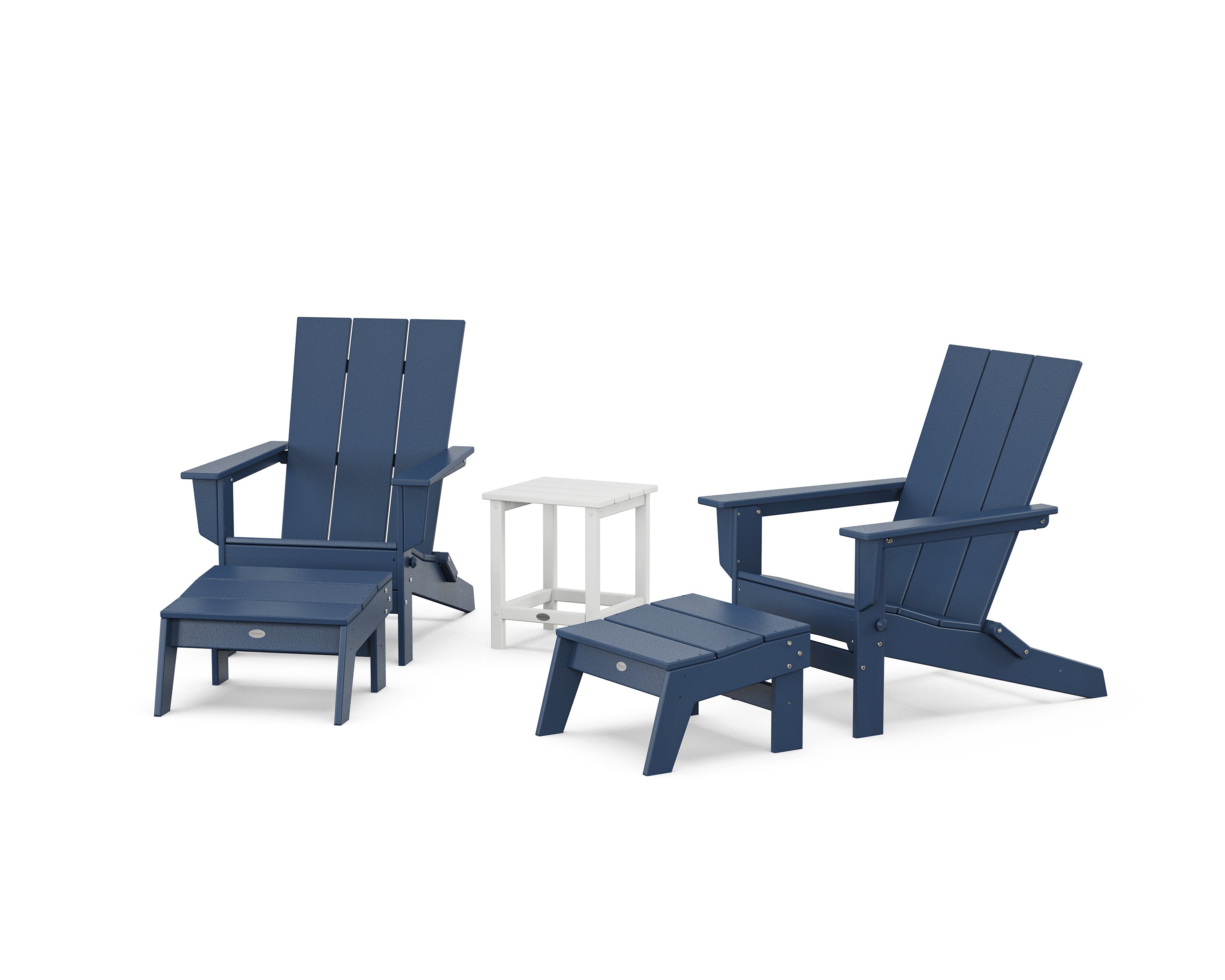 5-Piece Modern Studio Folding Adirondack Set with Ottomans and Side Table  in Navy / White