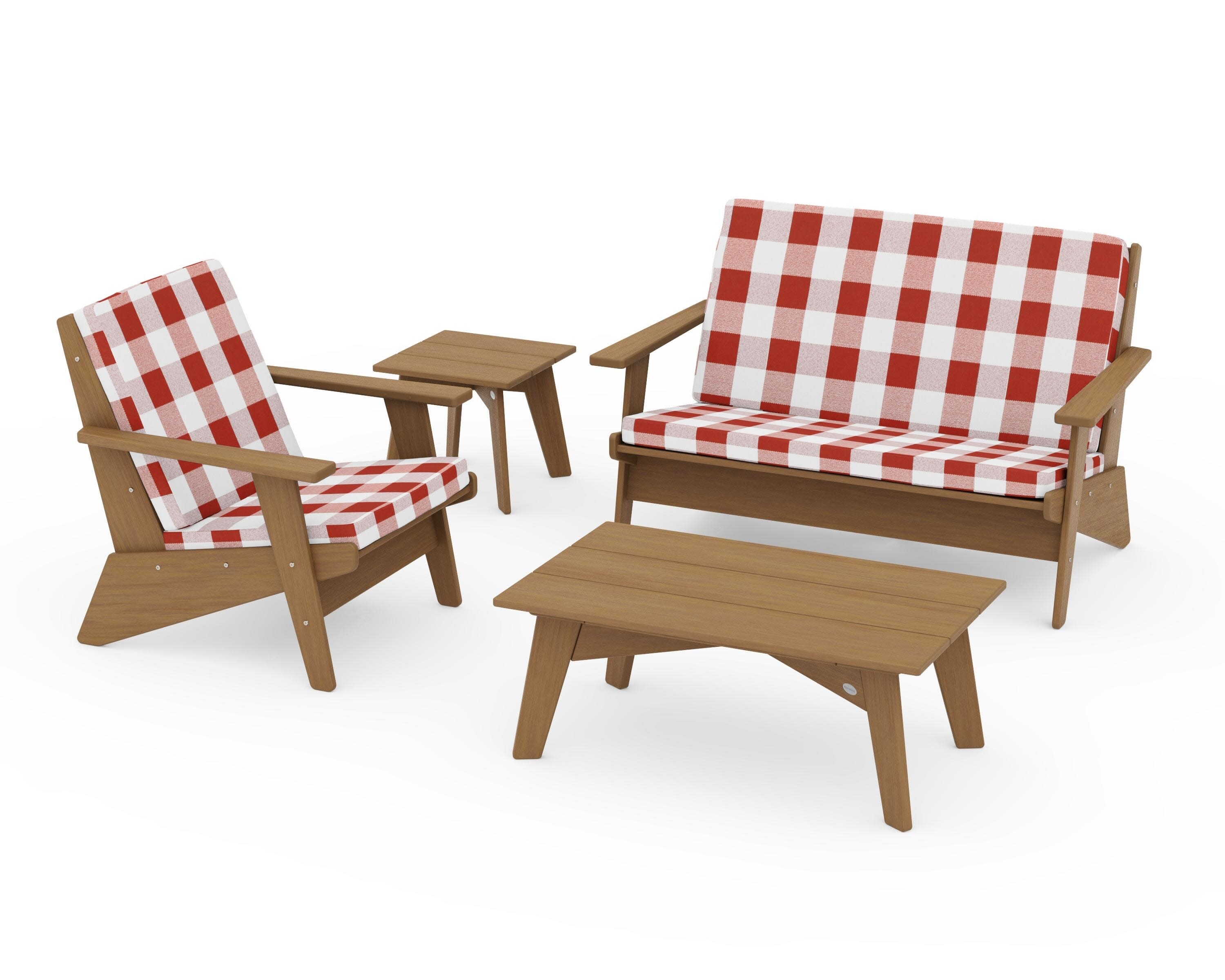 Riviera Modern Lounge 4-Piece Set in Natural / Buffalo Plaid Crimson