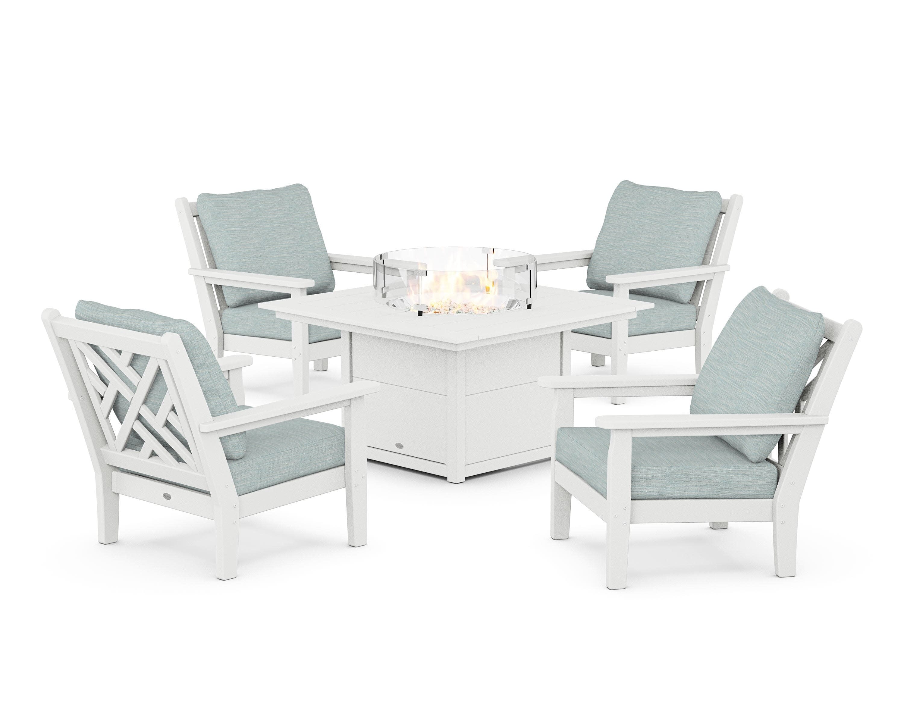 Chippendale 5-Piece Deep Seating Set with Fire Pit Table in White / Soothe Mist