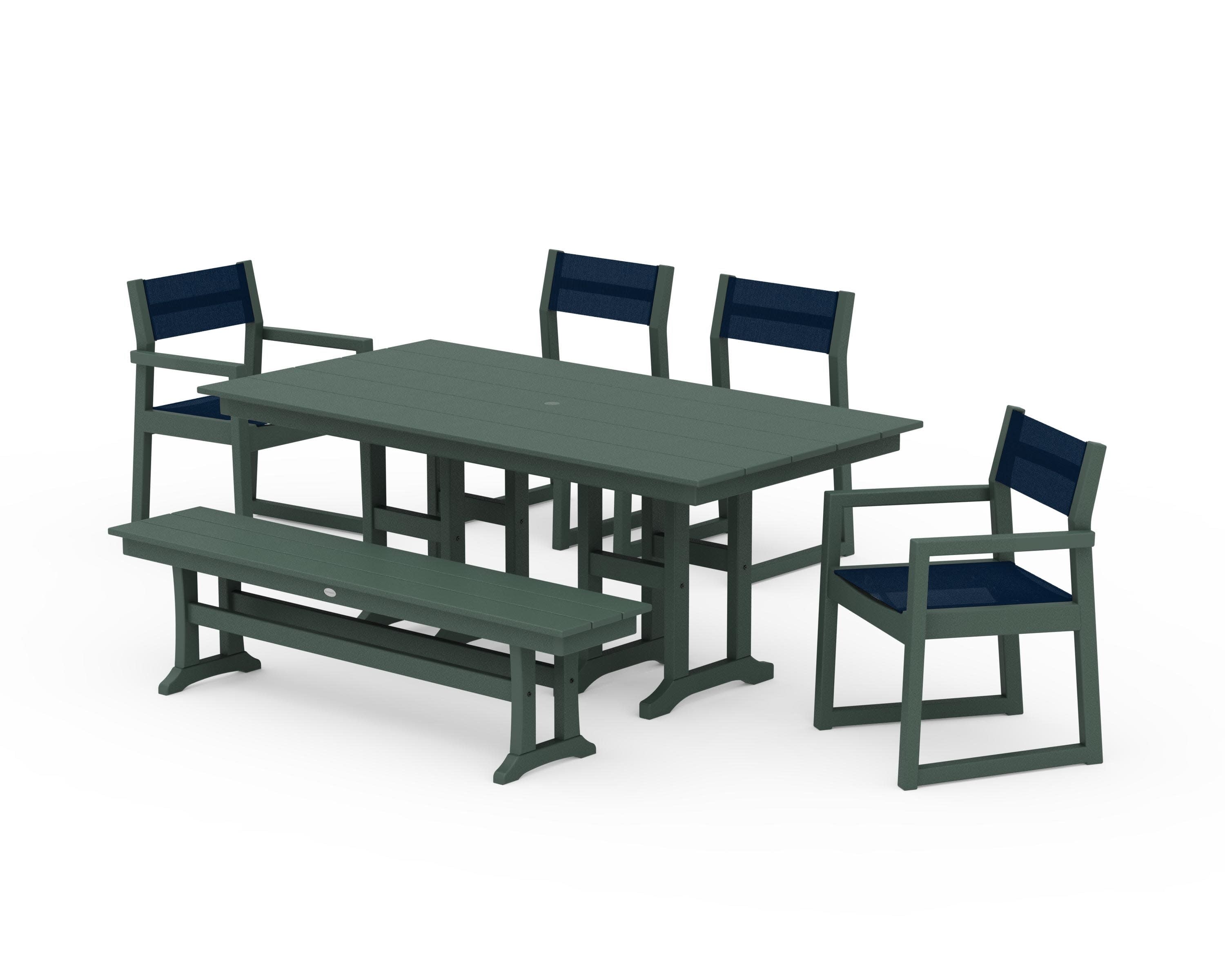EDGE Sling 6-Piece Farmhouse Dining Set in Green / Navy Blue Sling
