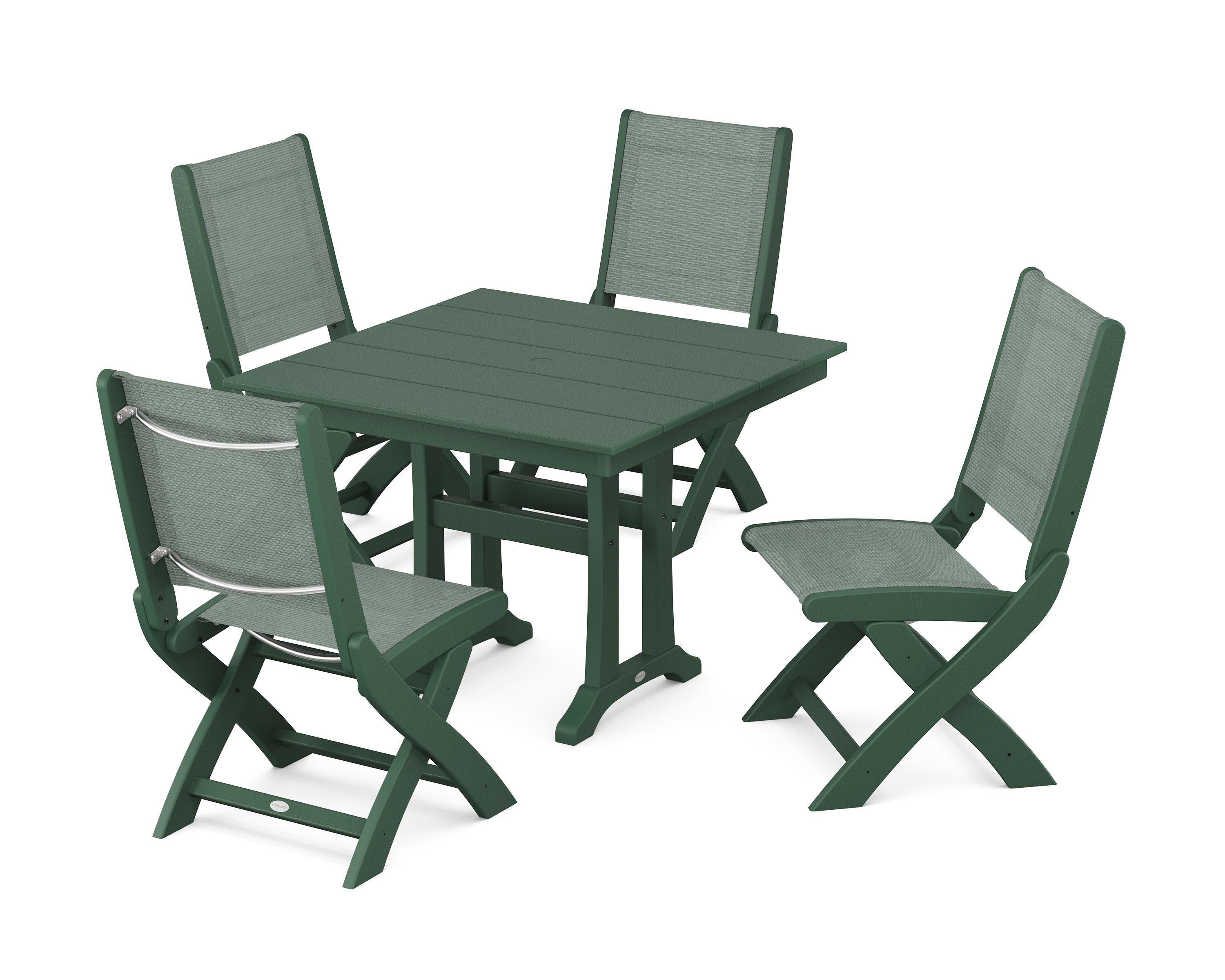Coastal Folding Side Chair 5-Piece Farmhouse Dining Set With Trestle Legs in Green / Dupioni Sea Mist Sling
