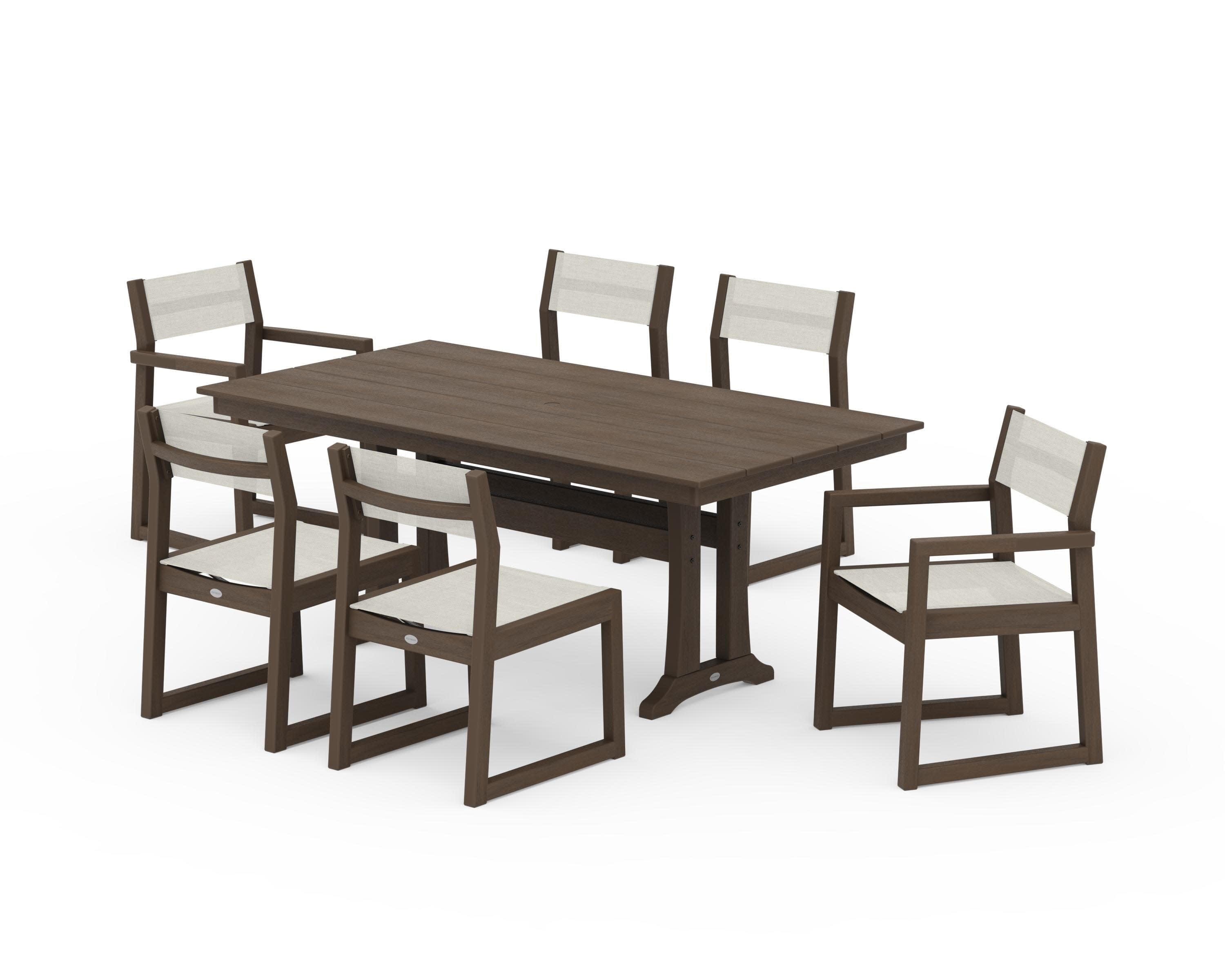 EDGE Sling 7-Piece Farmhouse Trestle Dining Set in Kona / Parchment Sling