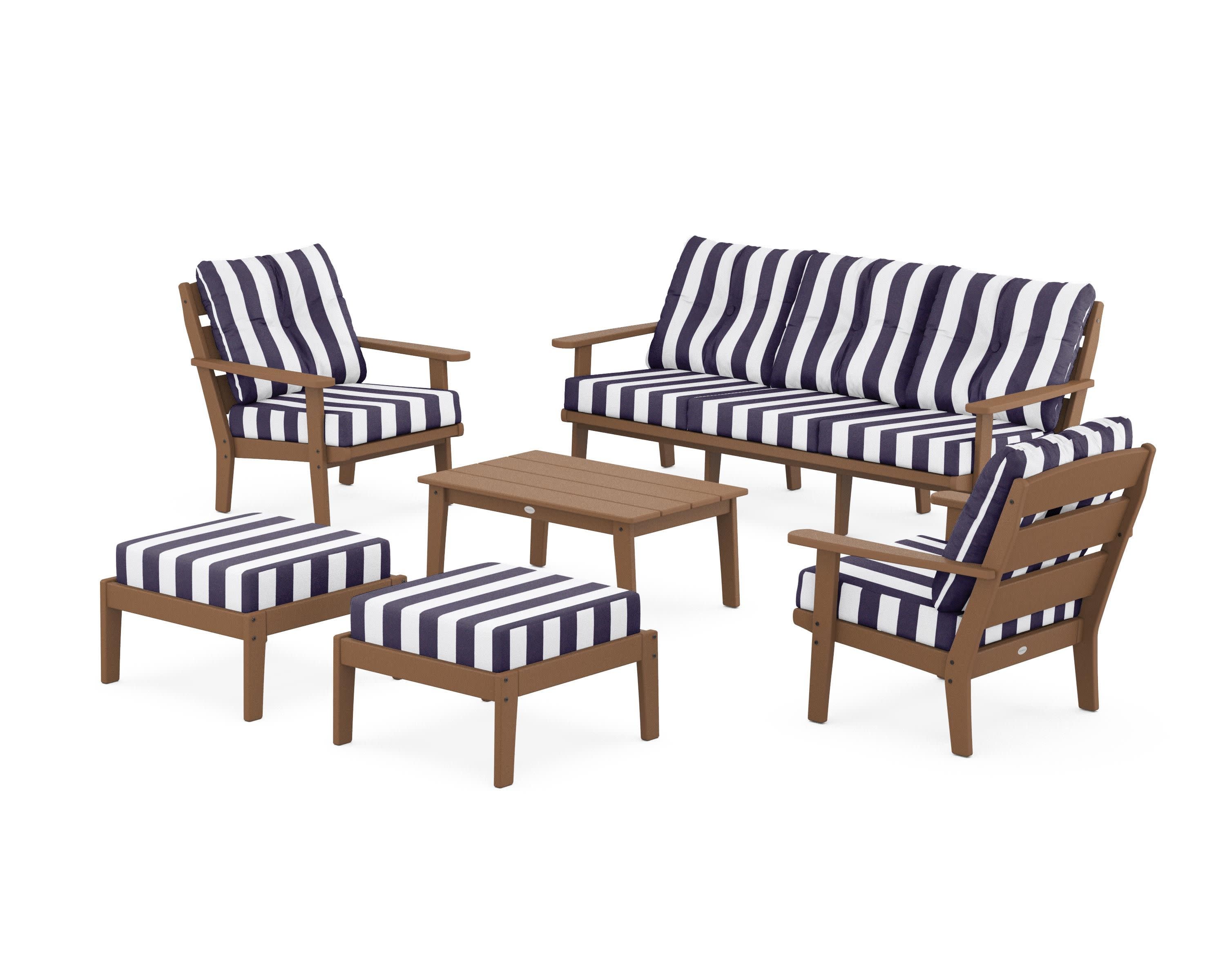 Lakeside 6-Piece Lounge Sofa Set in Teak / Cabana Stripe Navy
