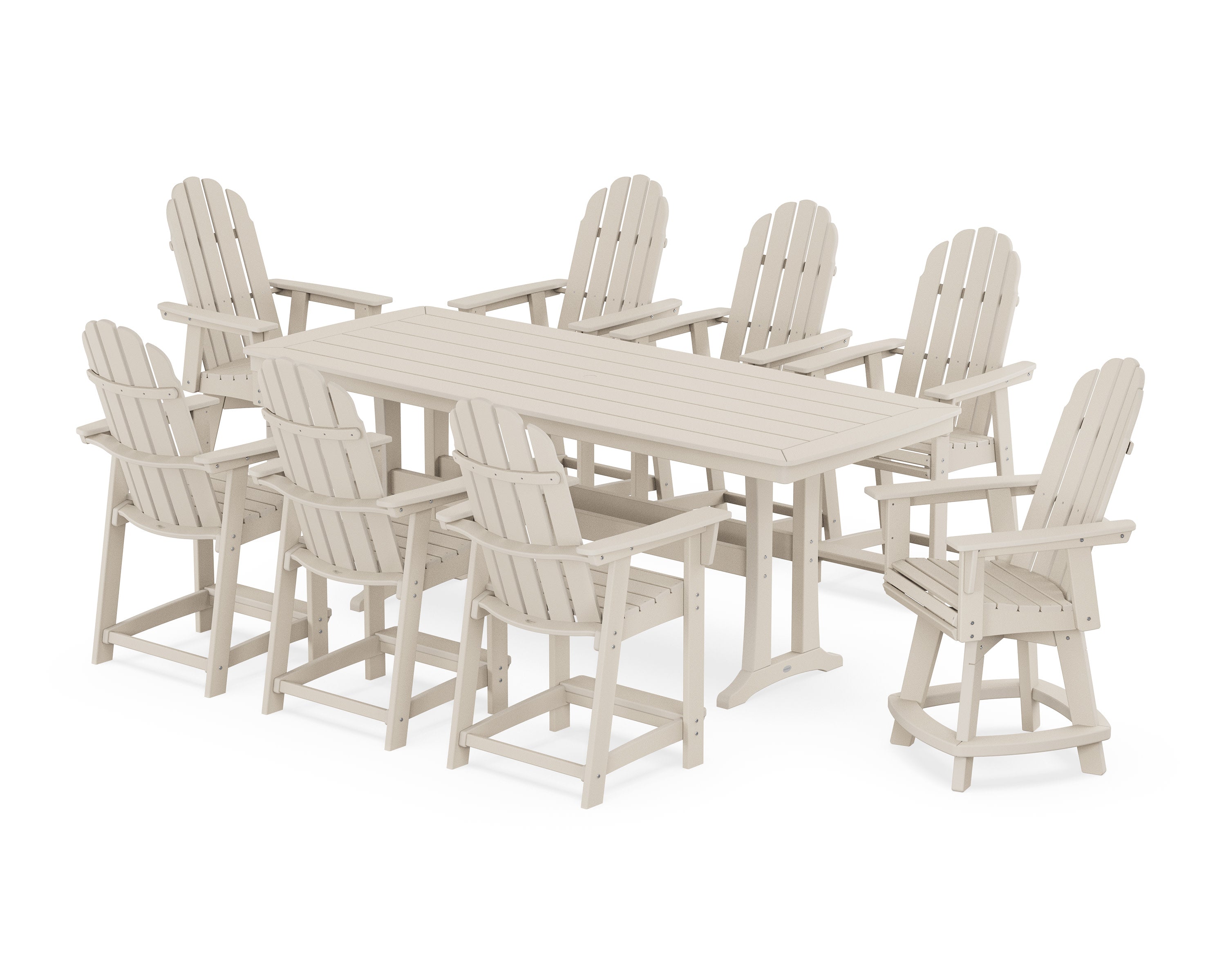 Vineyard Curveback Adirondack Swivel 9-Piece Counter Set with Trestle Legs in Sand