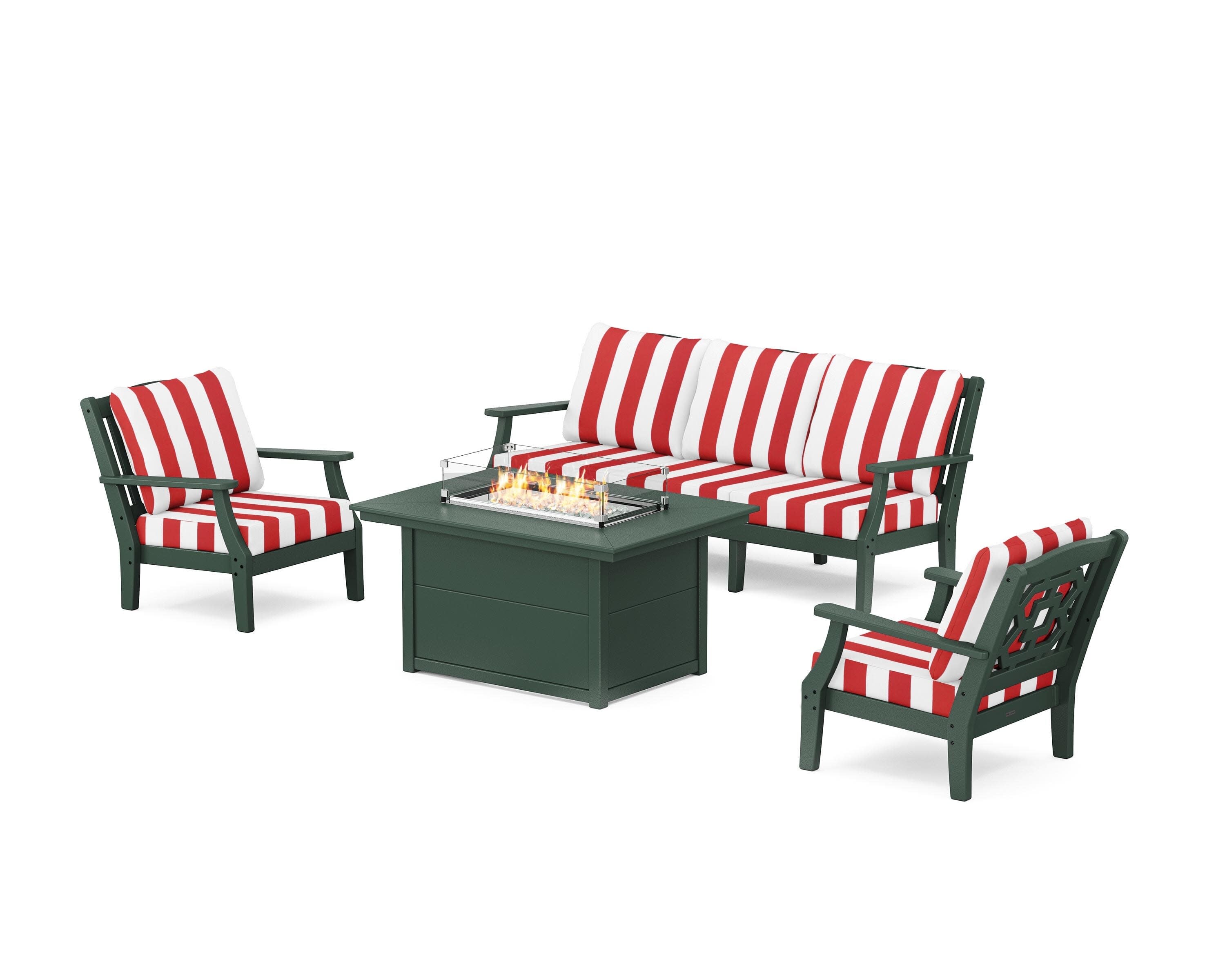 Chinoiserie Deep Seating Fire Pit Table Set in Green / Cabana Stripe Crimson