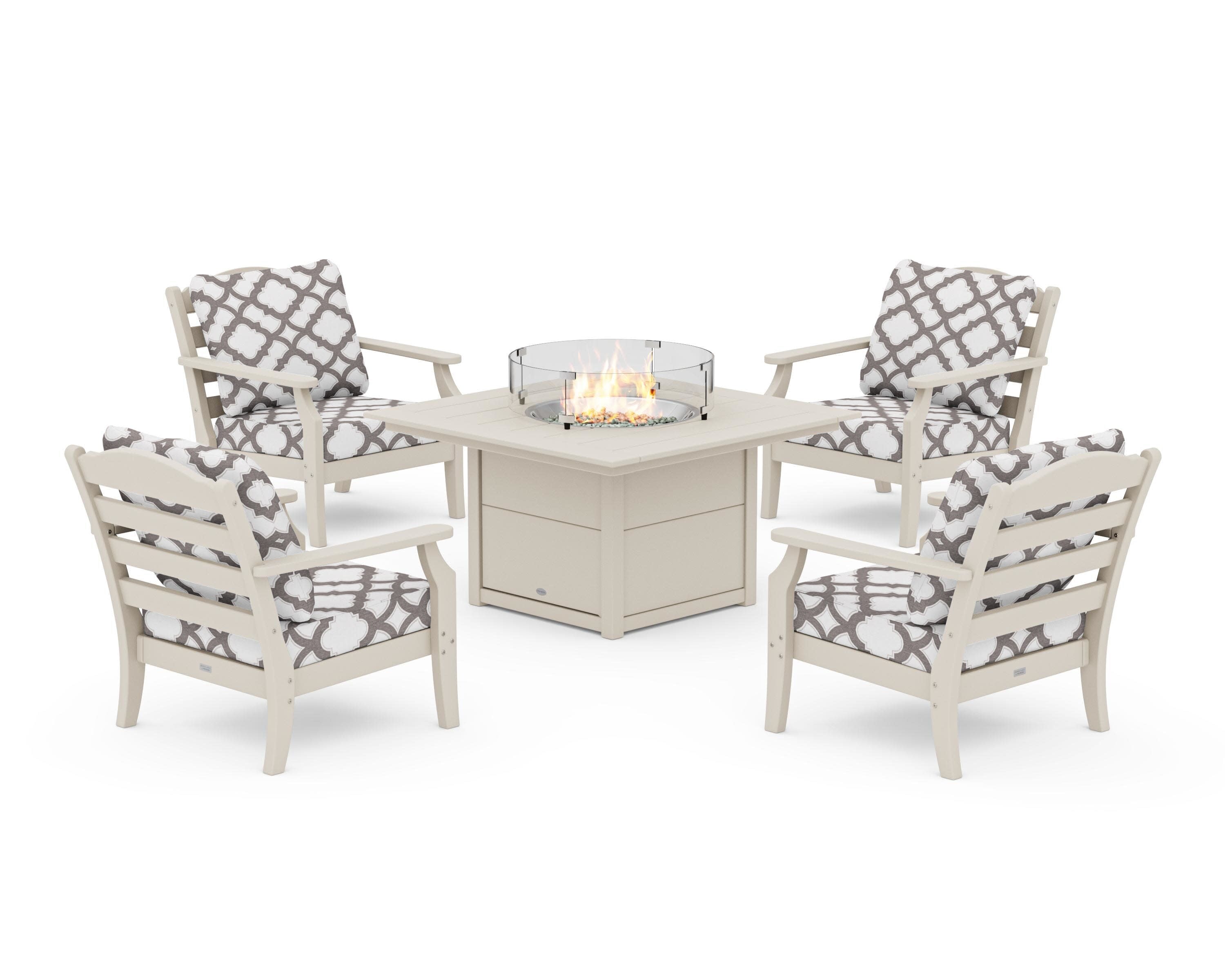 Savannah 5-Piece Deep Seating Set with Fire Pit Table in Sand / Trellis Grey Mist