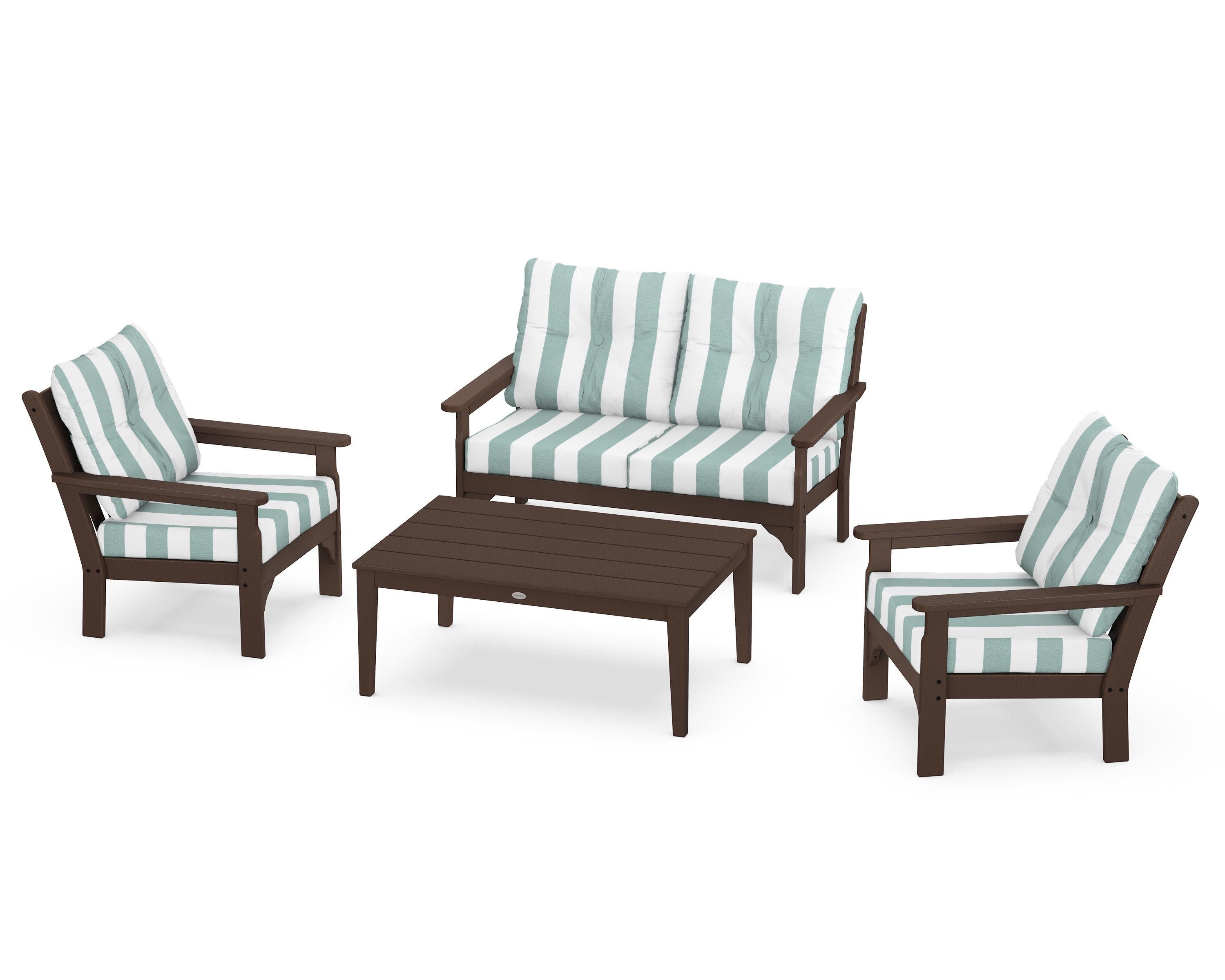 Vineyard 4-Piece Deep Seating Set in Mahogany / Cabana Stripe Glacier Spa
