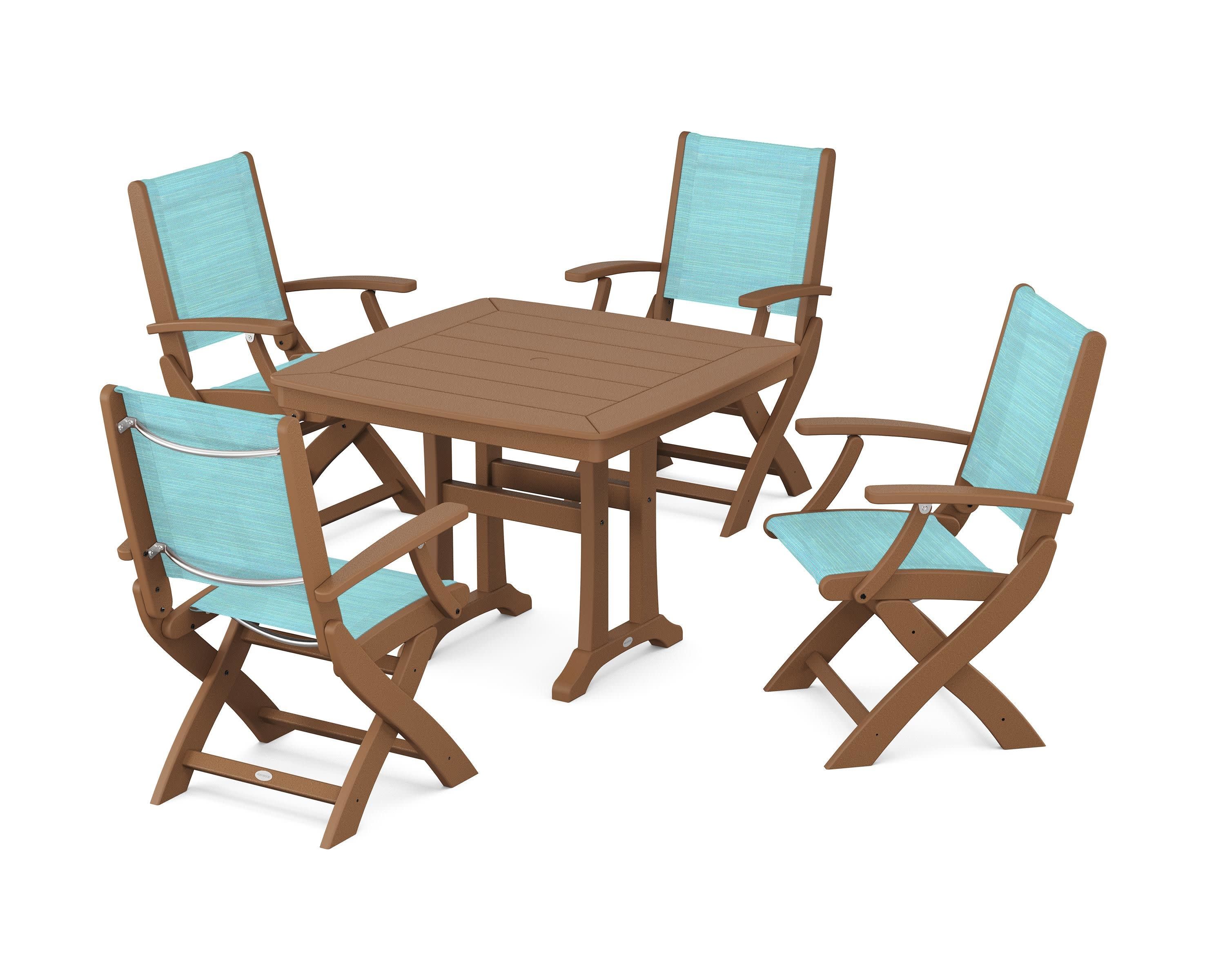 Coastal Folding Chair 5-Piece Dining Set with Trestle Legs in Teak / Dupioni Aquamarine Sling