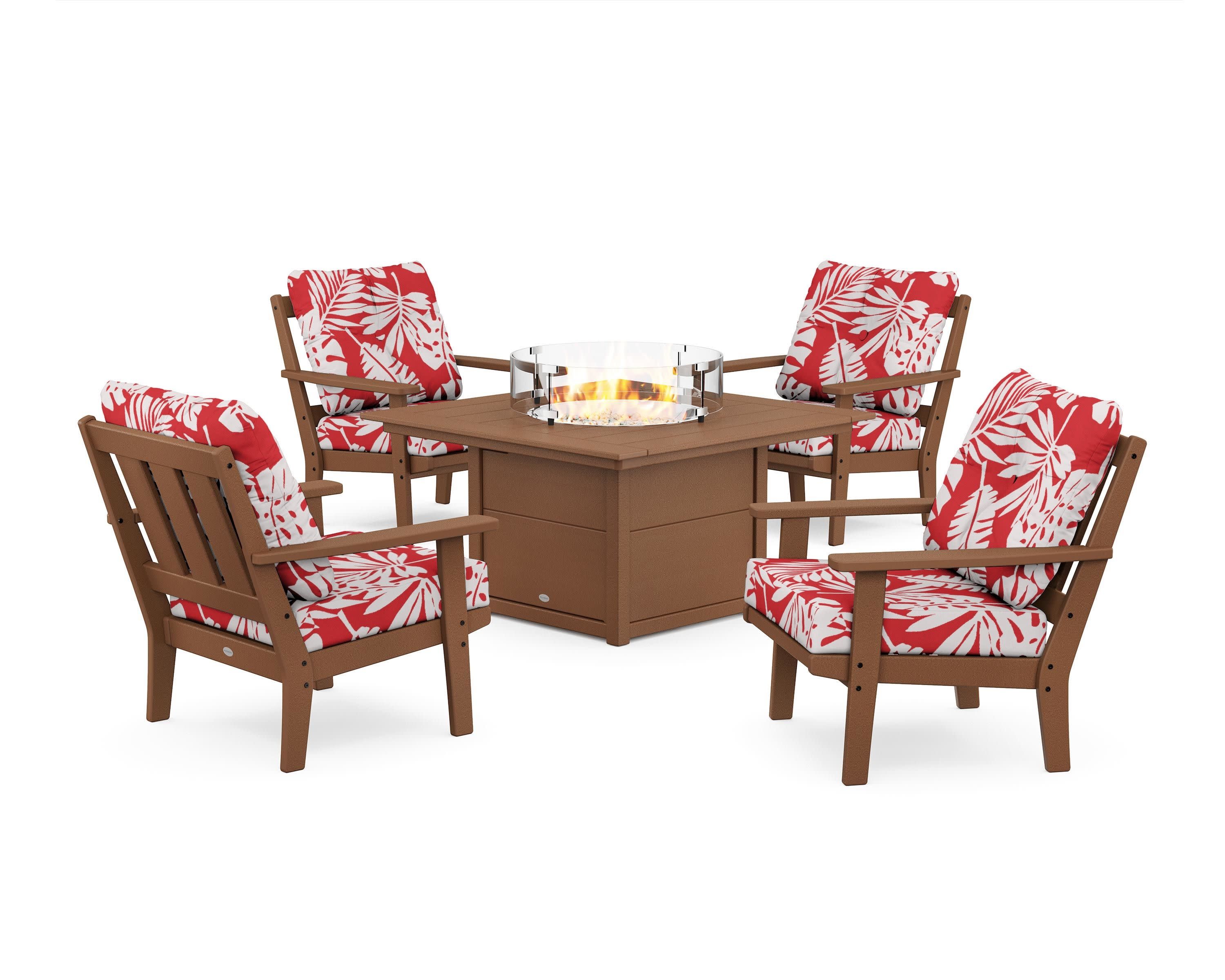 Oxford 5-Piece Deep Seating Set with Fire Pit Table in Teak / Leaf Crimson