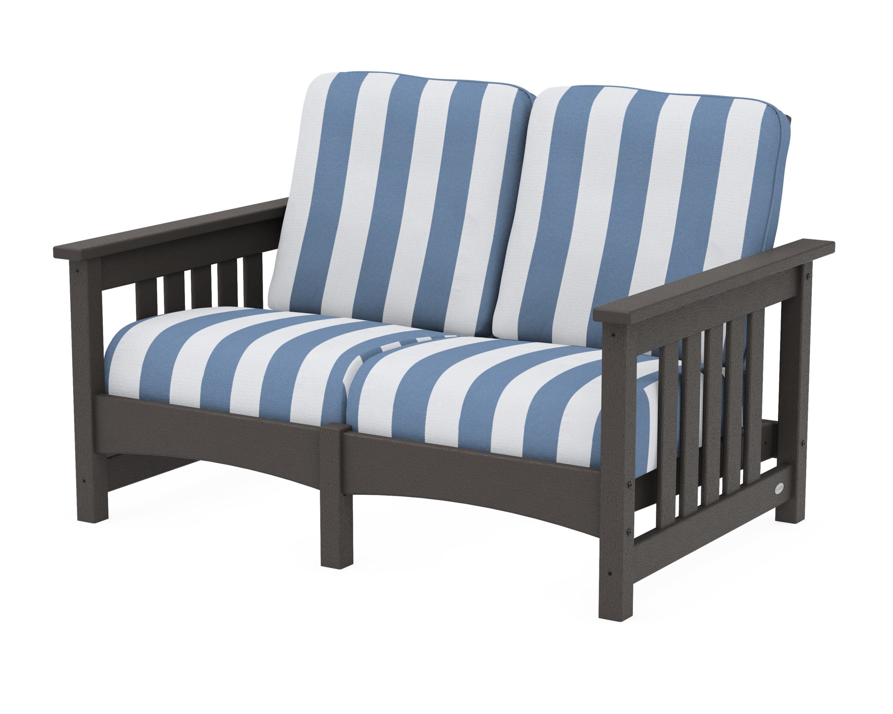 Club Mission Loveseat in Vintage Coffee / Cabana Stripe Sky Blue