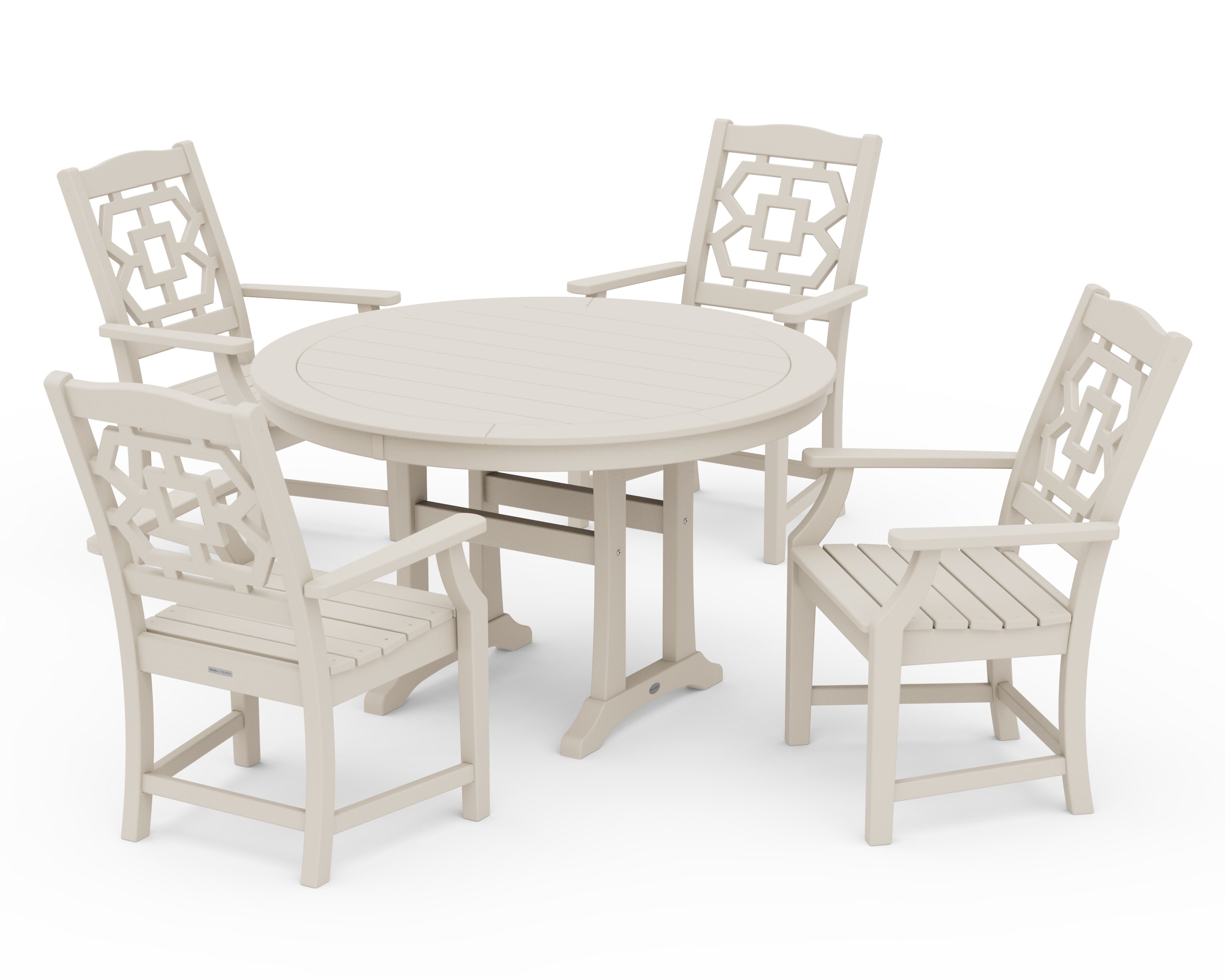 Chinoiserie 5-Piece Round Dining Set with Trestle Legs in Sand