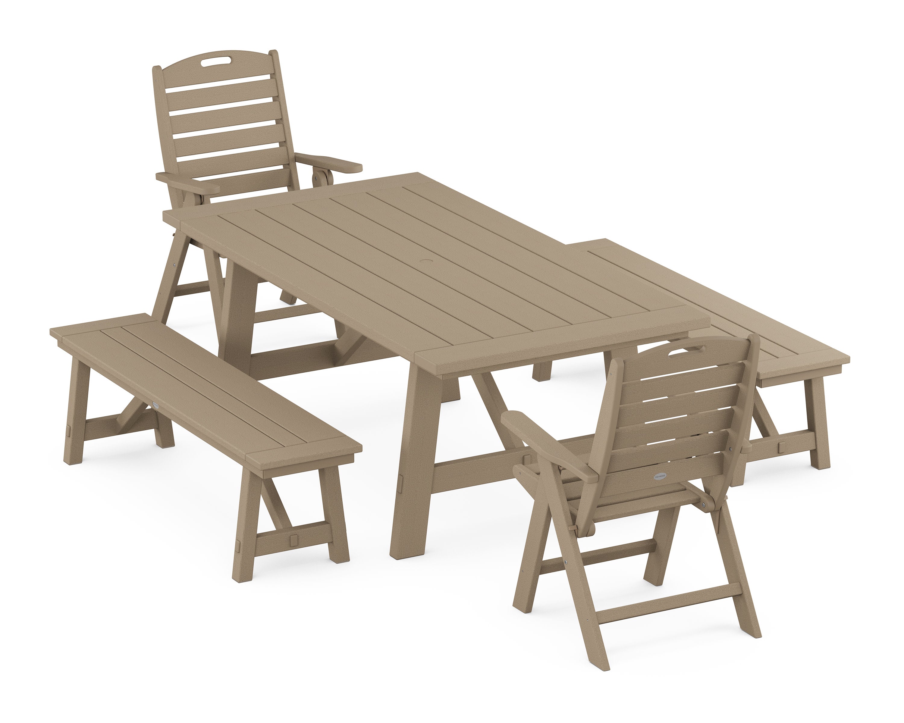 Nautical Folding Highback Chair 5-Piece Rustic Farmhouse Dining Set With Benches in Vintage Sahara