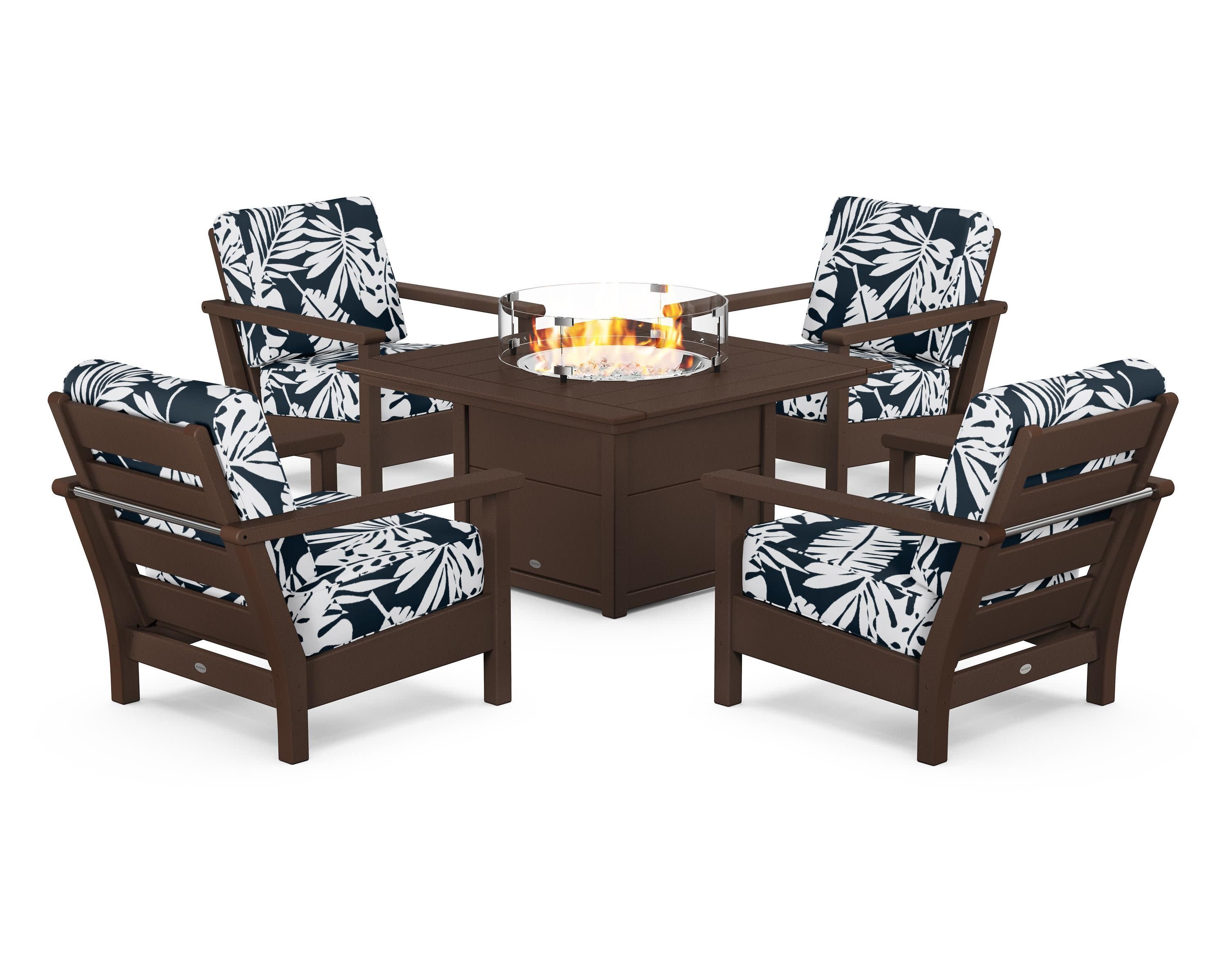 Harbour 5-Piece Conversation Set with Fire Pit Table in Mahogany / Leaf Marine Indigo