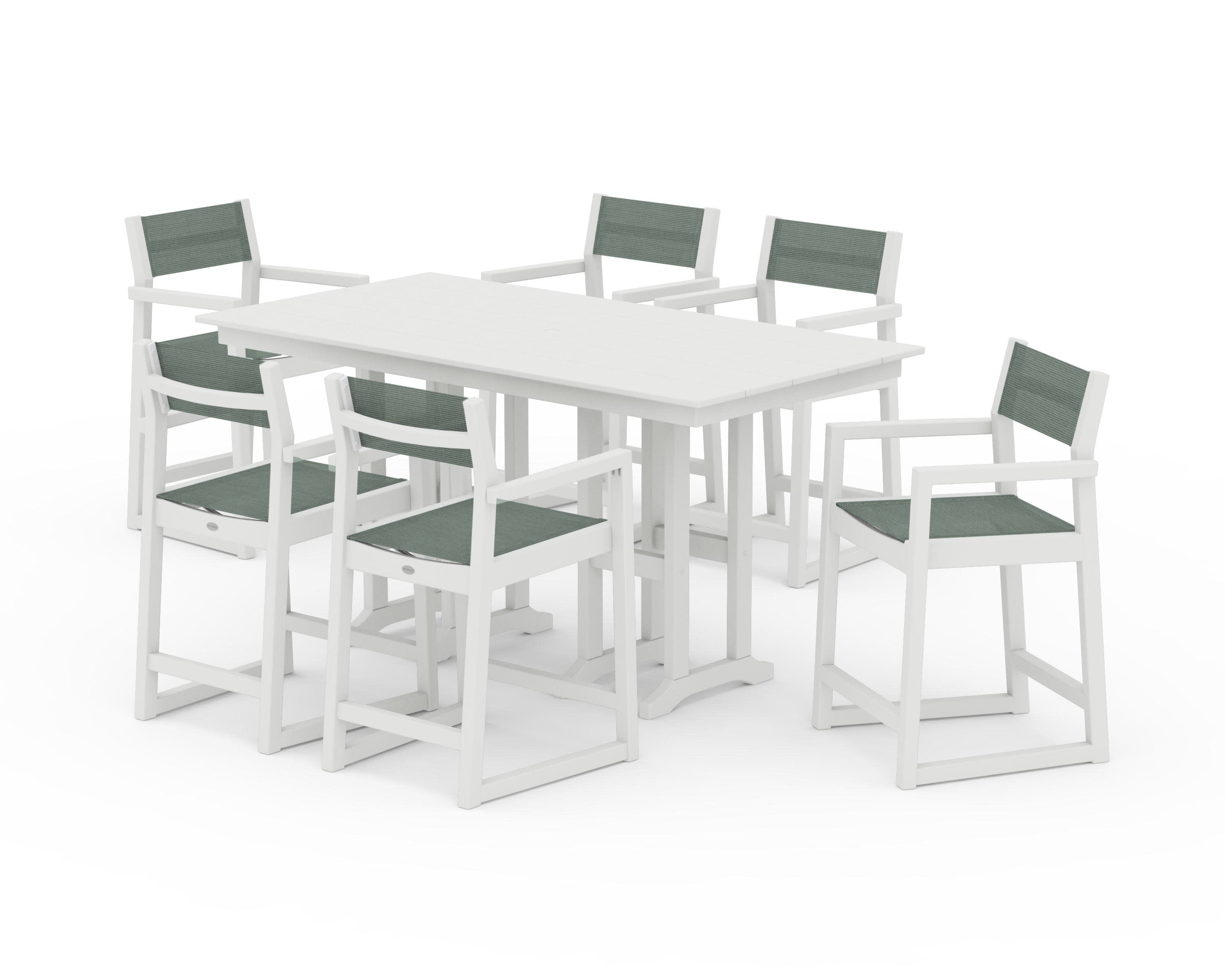 EDGE Sling Arm Chair 7-Piece Farmhouse Counter Set in Vintage White / Dupioni Sea Mist Sling