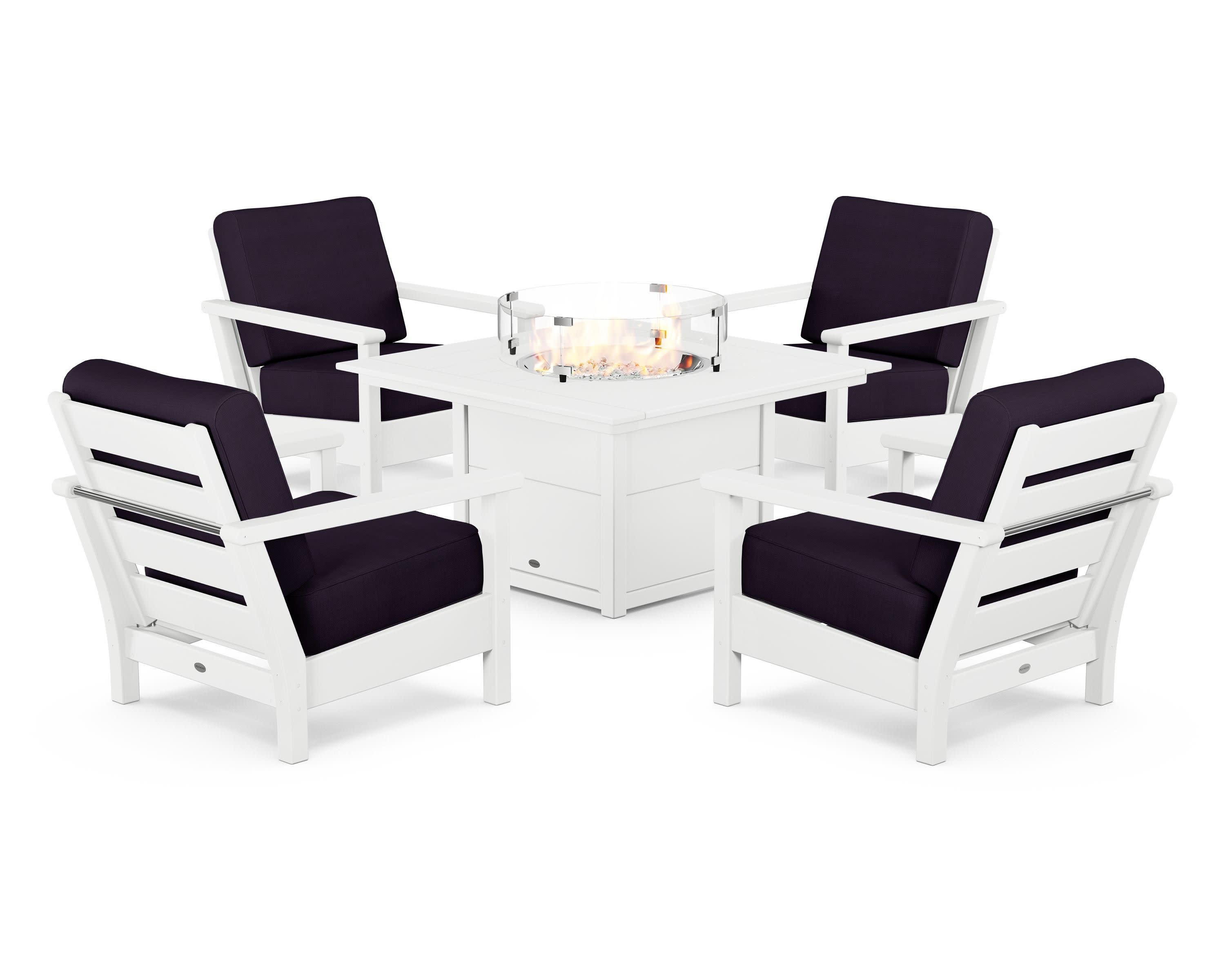Harbour 5-Piece Conversation Set with Fire Pit Table in White / Navy Linen